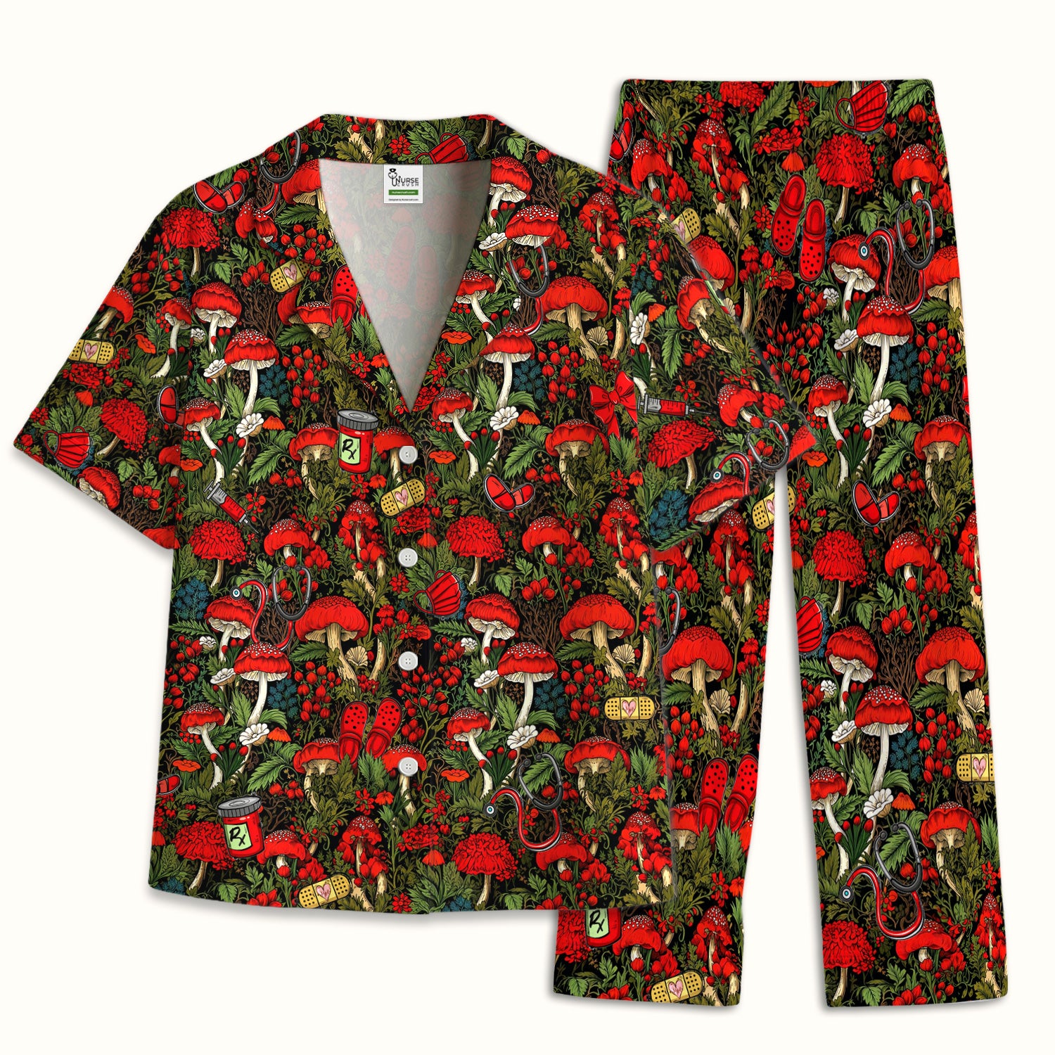Red Mushroom Medical Forest Pattern Pajama Set, Soft Breathable Fabric Comfortable Sleepwear