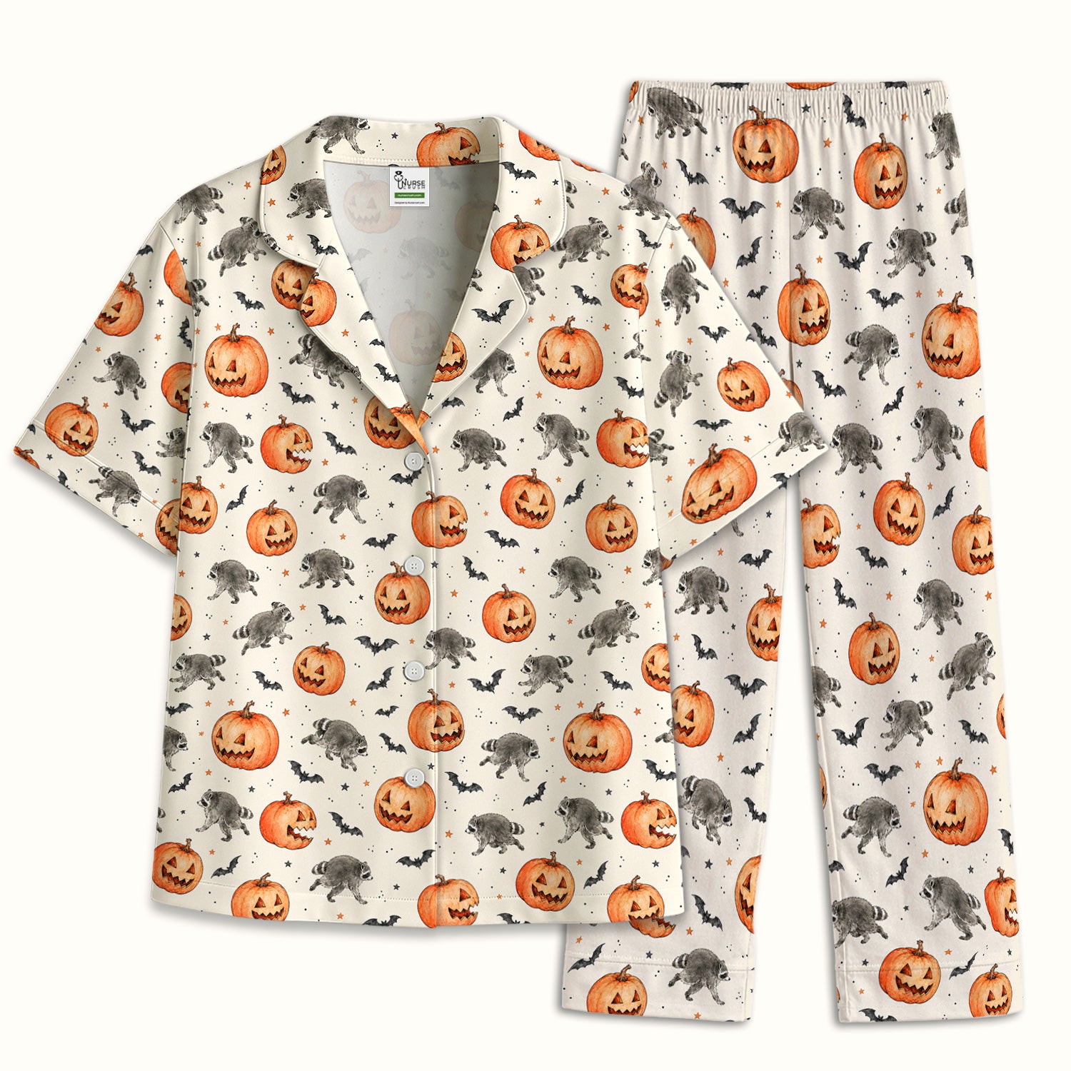 Spooky Halloween Raccoon And Pumpkin Pajama Set, Soft Breathable Fabric Comfortable Sleepwear