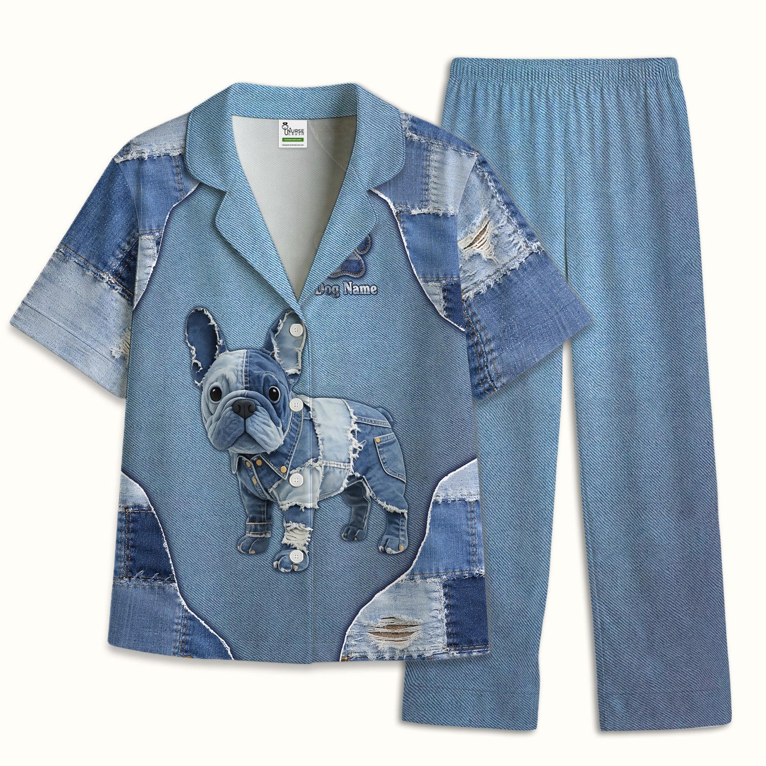Custom Dog Name Denim French Bulldog Pajama Set, Breathable Fabrics Uniform