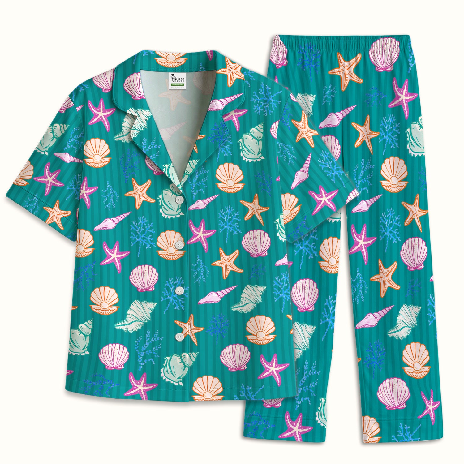 Colorful Seashell Starfish Ocean Stripe Pattern Pajama Set, Breathable Fabrics Uniform