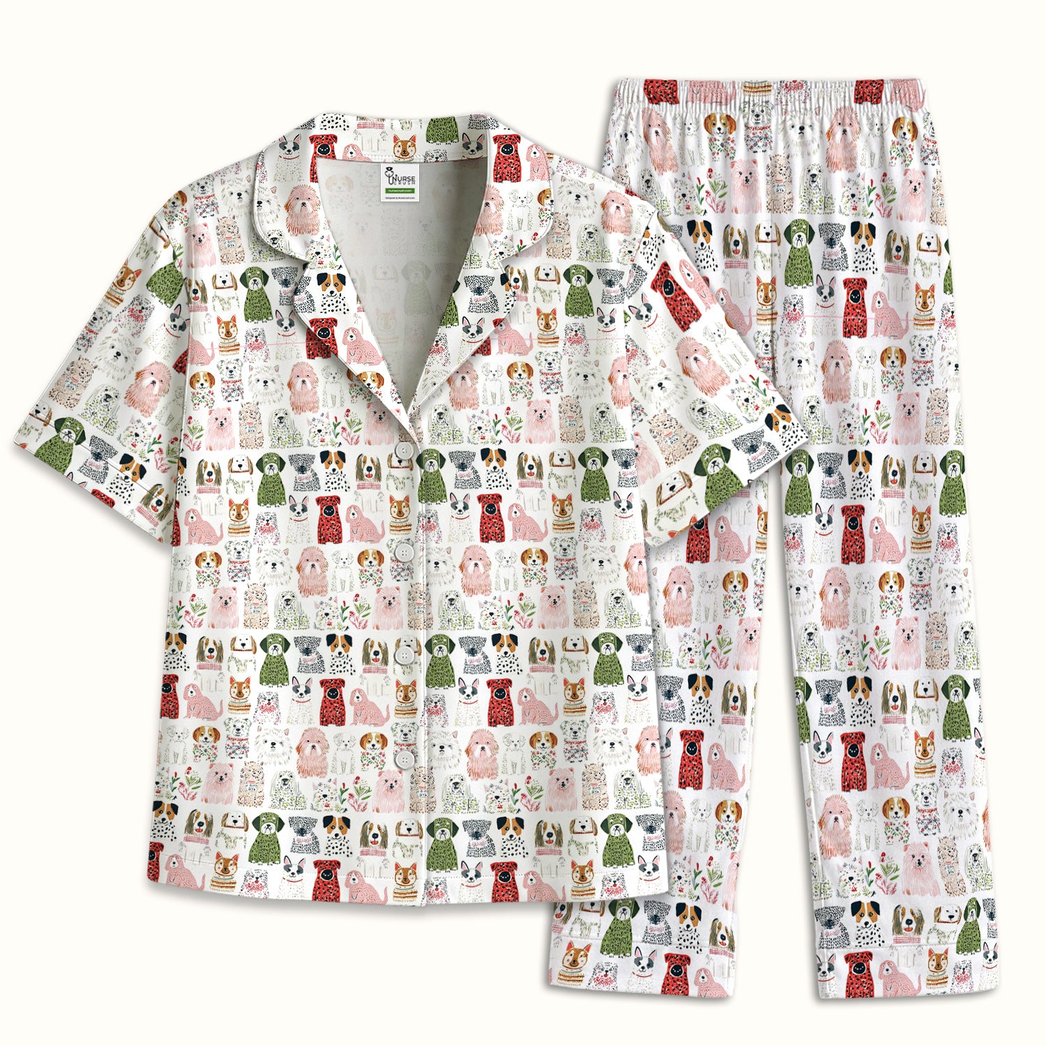 Cute Cartoon Dog Breeds Pattern Pajama Set, Breathable Fabrics Uniform