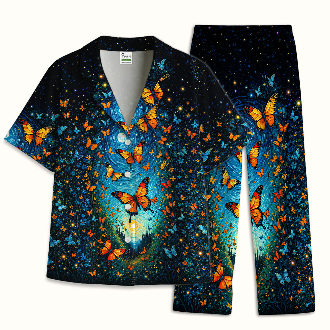 Moonlit Butterfly Nurse Pattern Pajama Set, Soft Breathable Fabric Comfortable Sleepwear