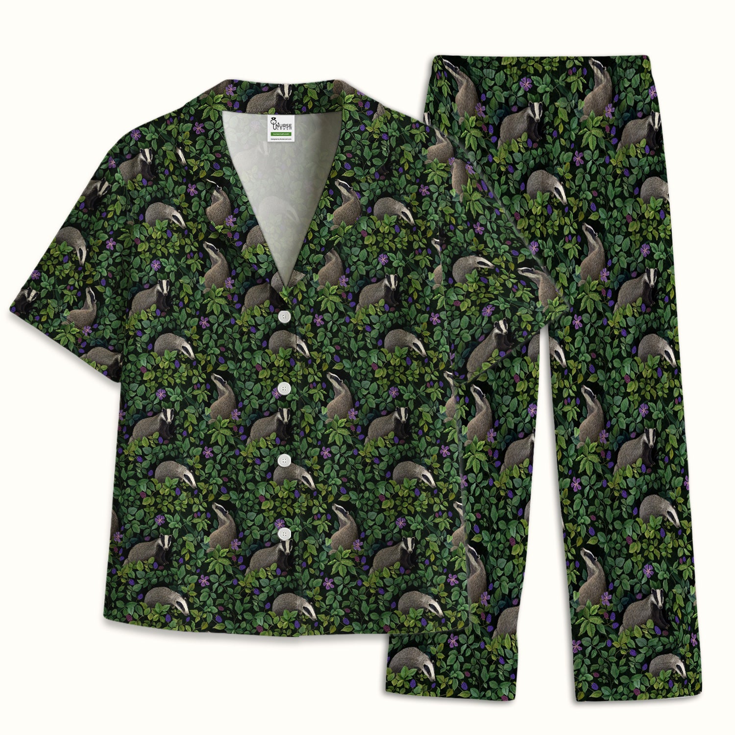 Woodland Badger Forest Pattern Pajama Set, Soft Breathable Fabric Comfortable Sleepwear