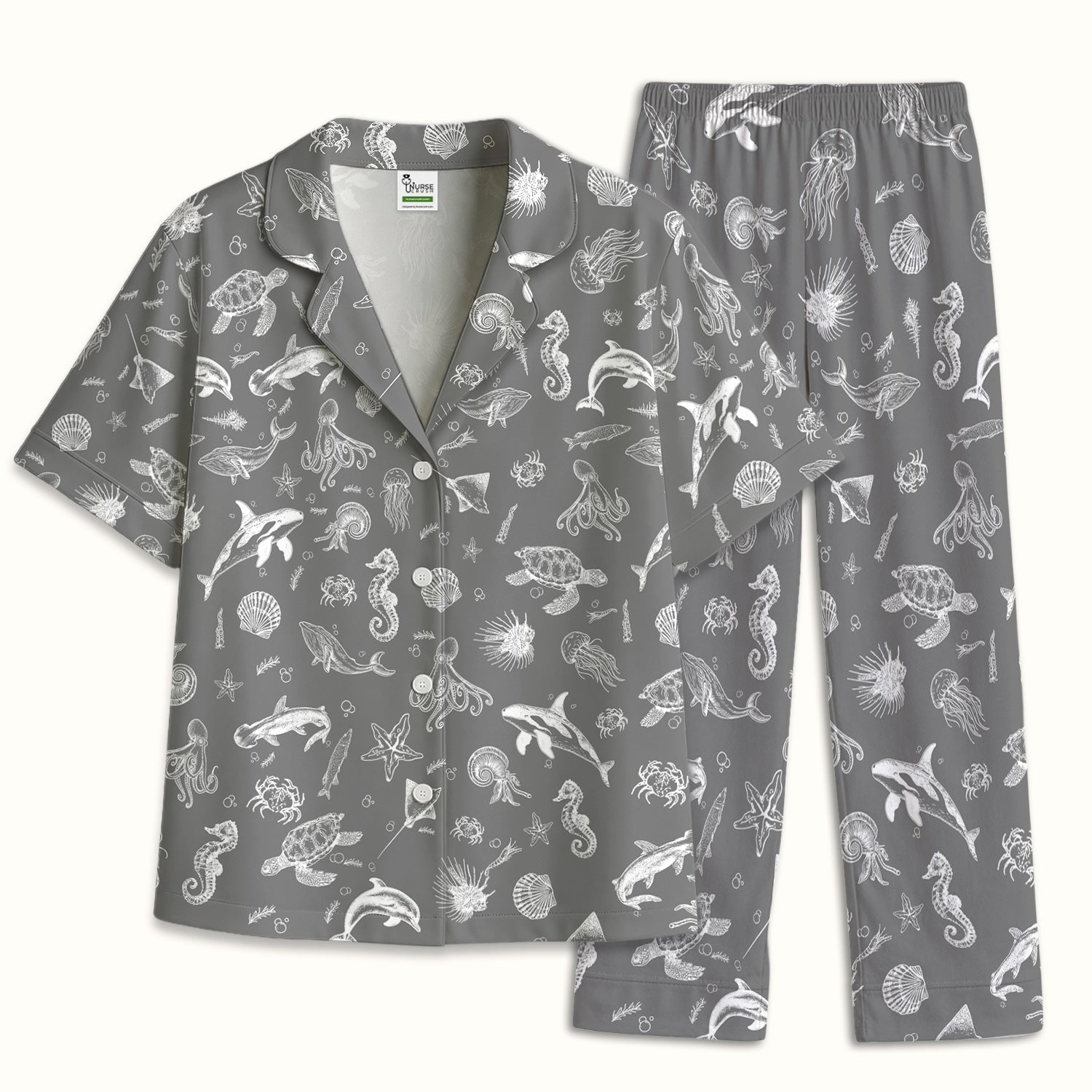 Marine Sea Life Pattern Pajama Set, Breathable Fabrics Uniform
