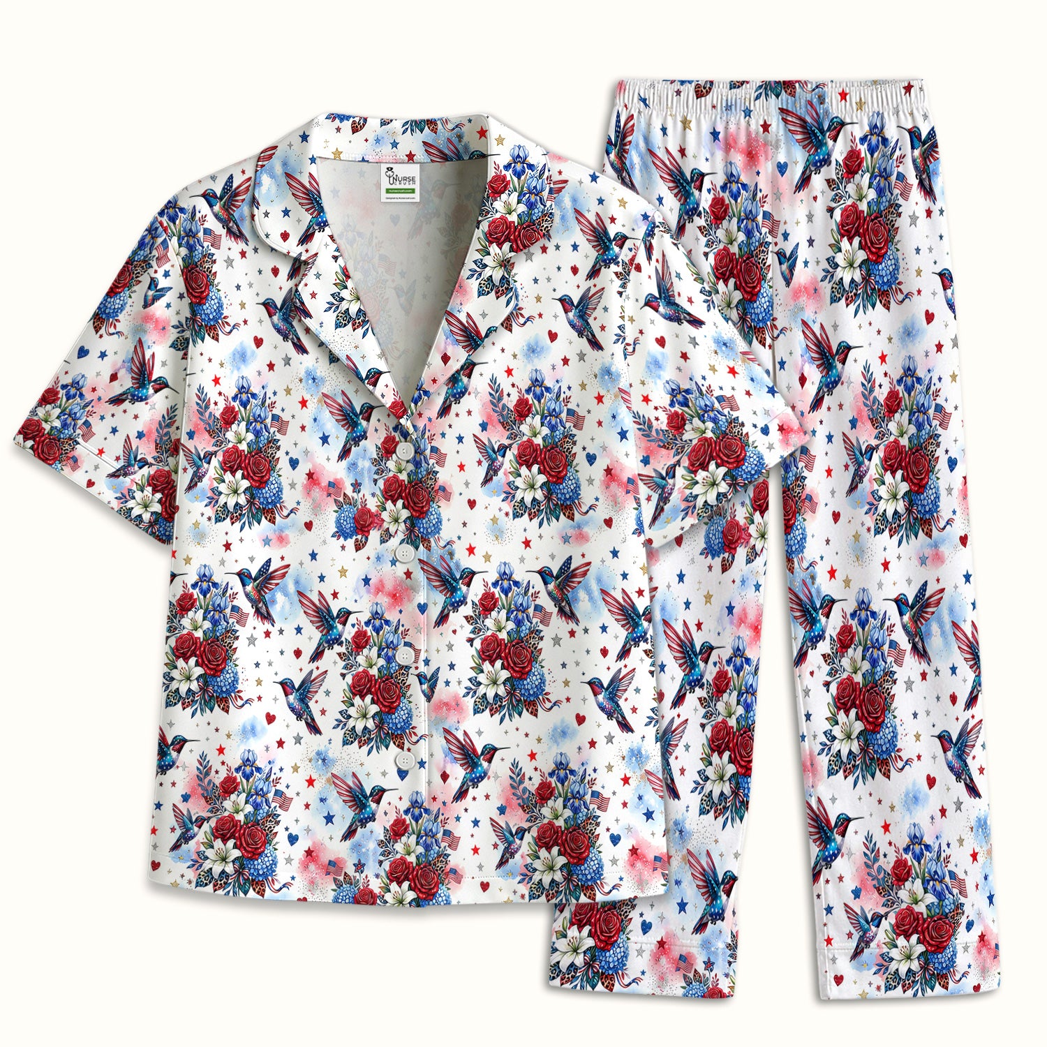 Patriotic Hummingbird Floral Bouquet Pattern Pajama Set, Soft Breathable Fabric Comfortable Sleepwear