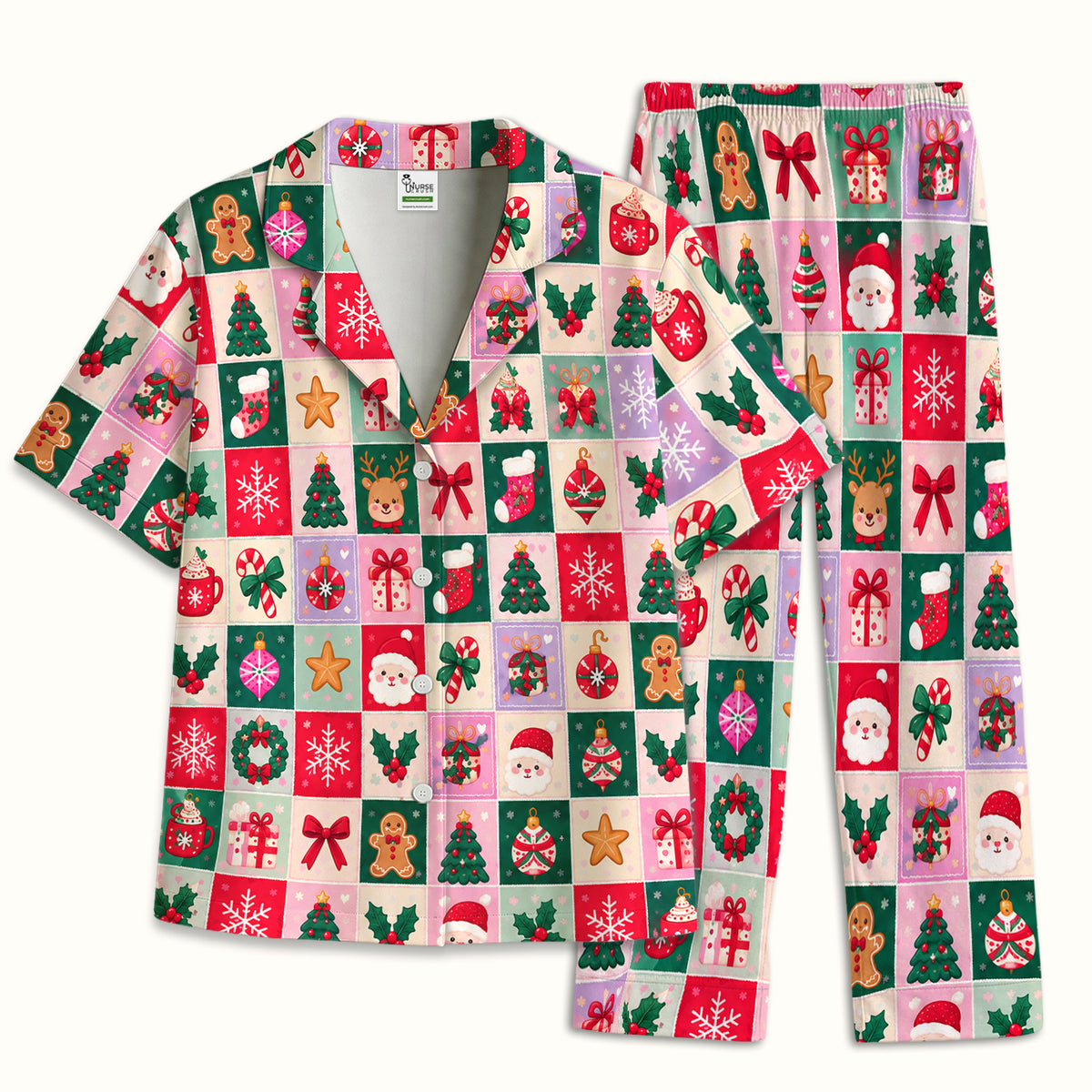 Cute Christmas Santa Patchwork Pajama Set, Soft Breathable Fabric Comfortable Sleepwear