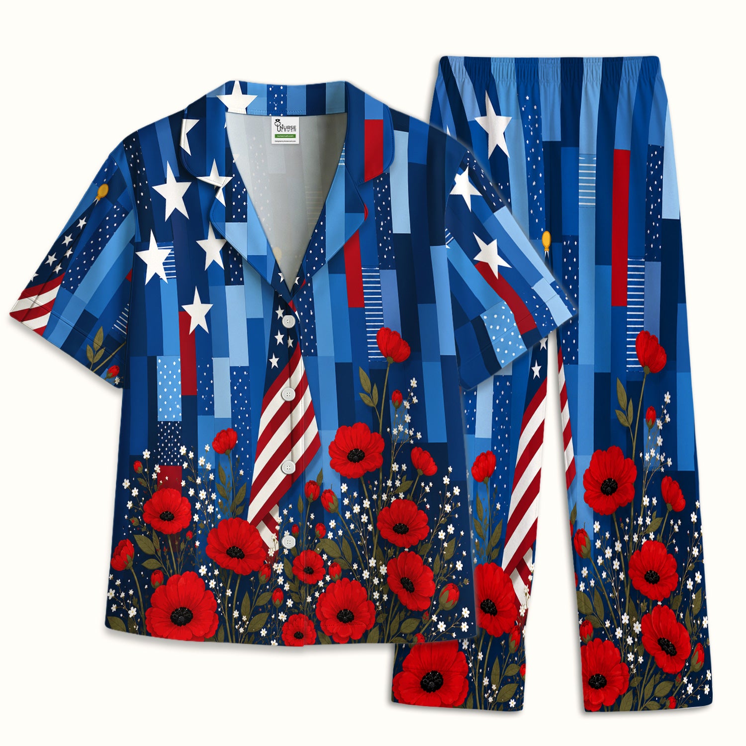 Patriotic Nurse Flag Poppy Pattern Pajama Set, Soft Breathable Fabric Comfortable Sleepwear