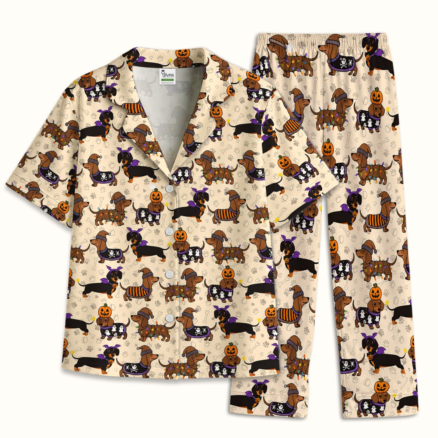 Halloween Dachshund with Pumpkin Ghost Print Pajama Set, Soft Breathable Fabric Comfortable Sleepwear