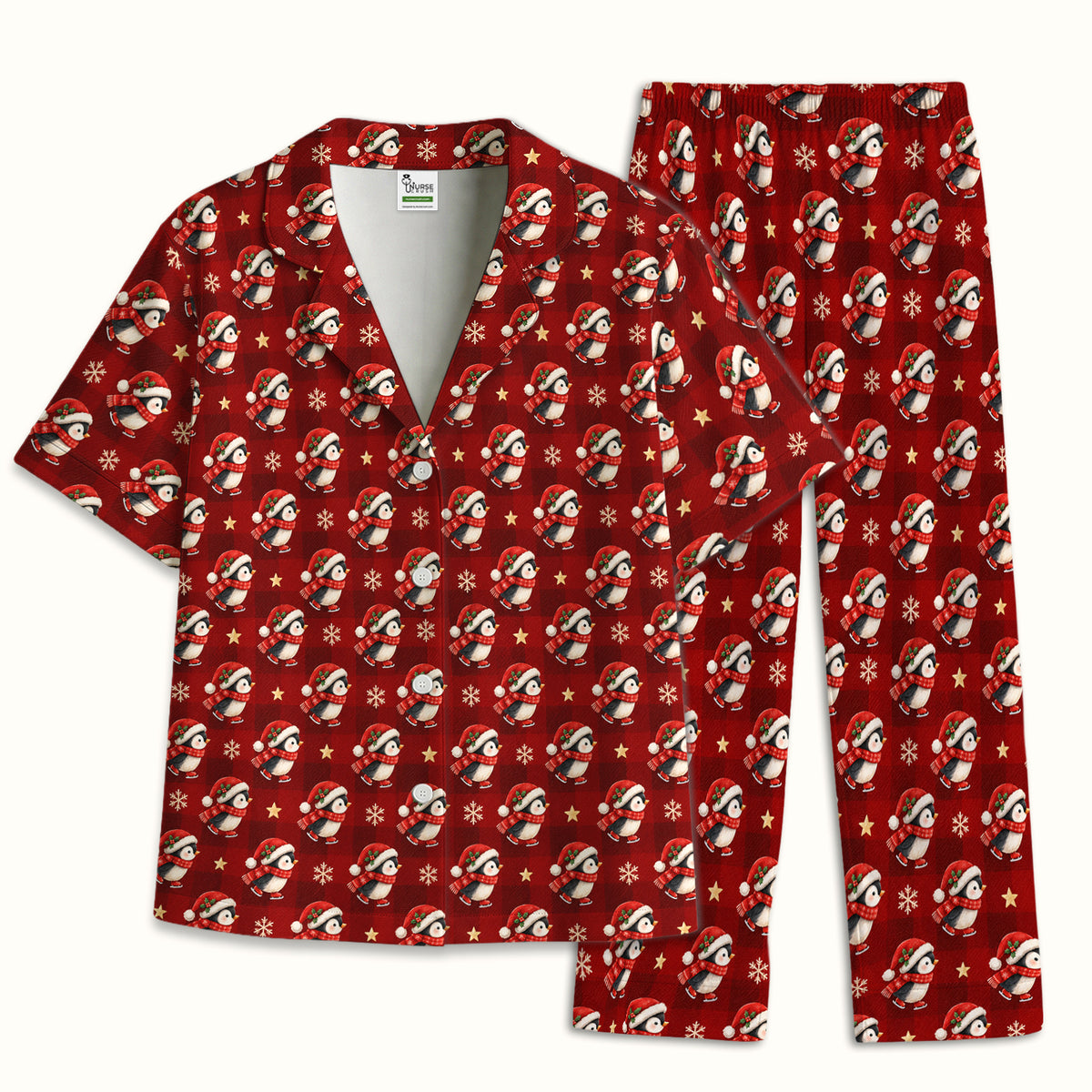Cute Christmas Ice Skating Penguin Pajama Set, Soft Breathable Fabric Comfortable Sleepwear