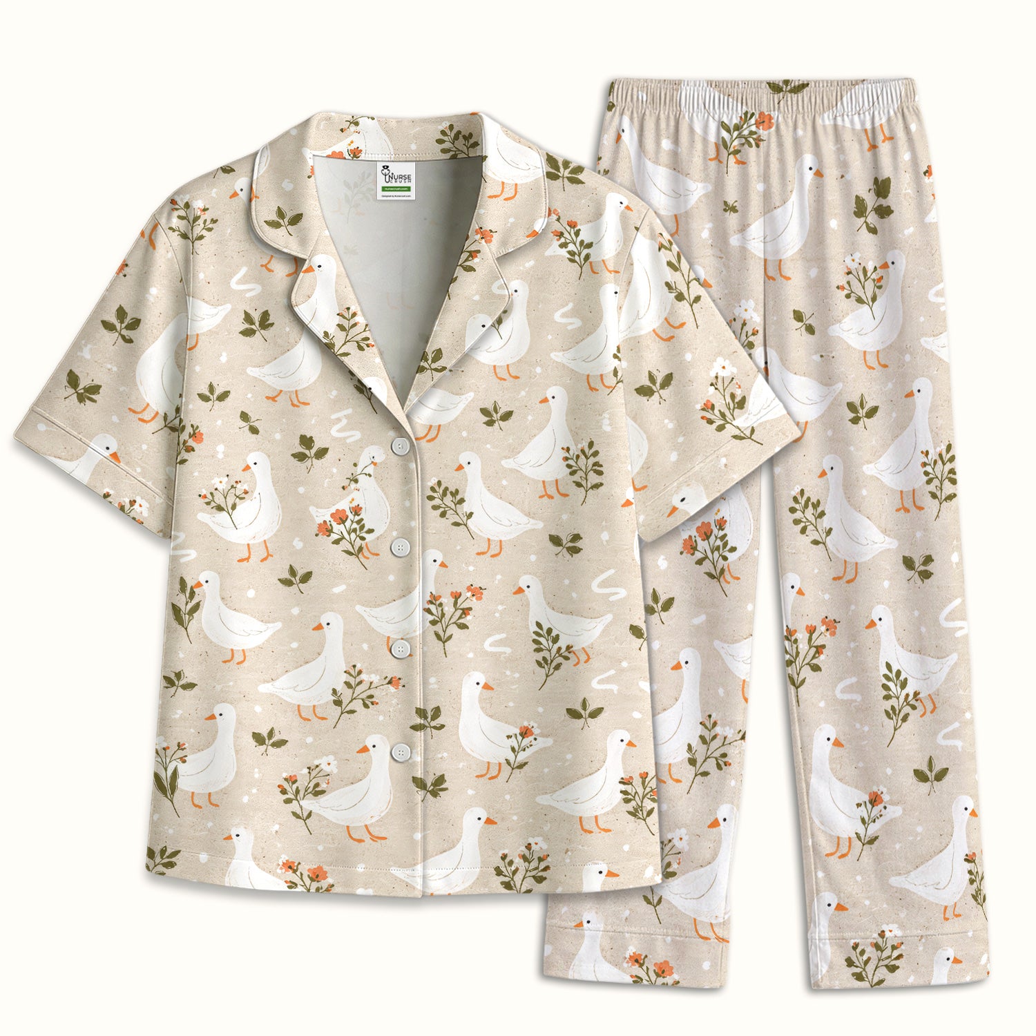White Goose Floral Meadow Pattern Pajama Set, Soft Breathable Fabric Comfortable Sleepwear