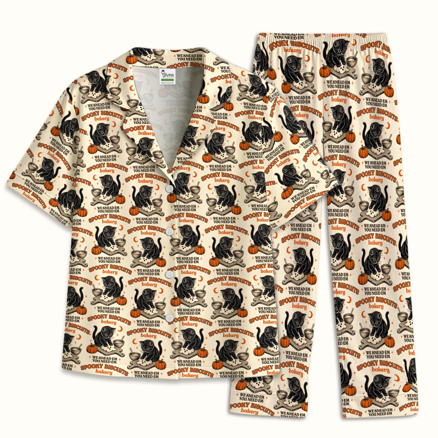 Funny Halloween Black Cat Pajama Set, Soft Breathable Fabric Comfortable Sleepwear