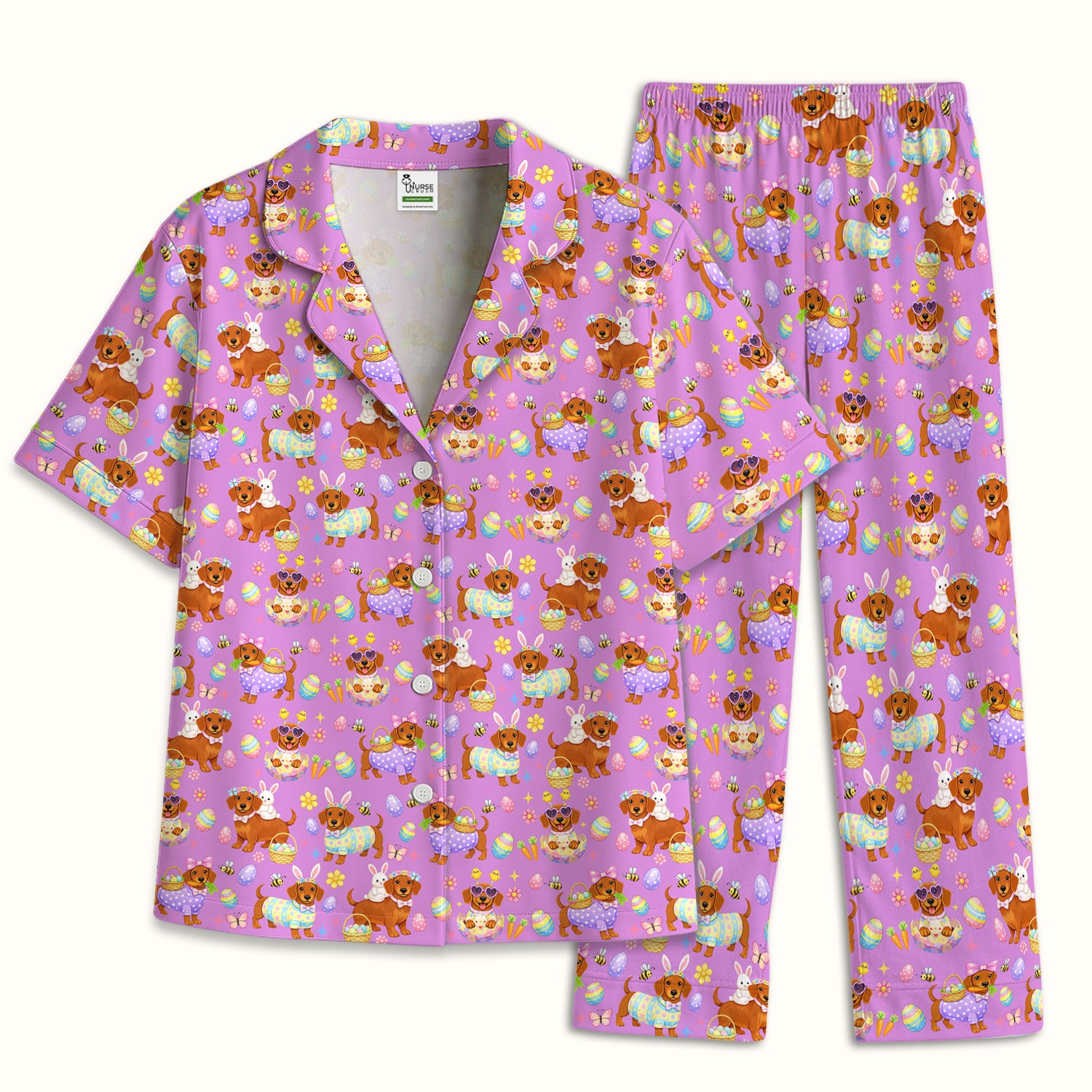 Cute Easter Dachshund Dog Pattern Pajama Set, Breathable Fabrics Uniform