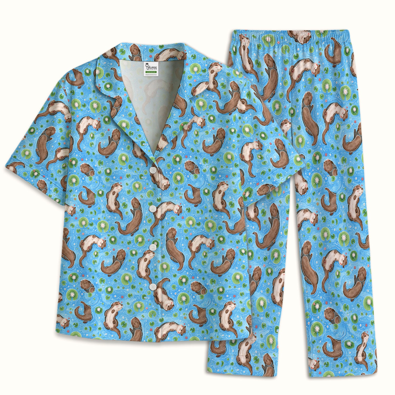 Cute Otter Lily Pond Nurse Print Pajama Set, Soft Breathable Fabric Comfortable Sleepwear