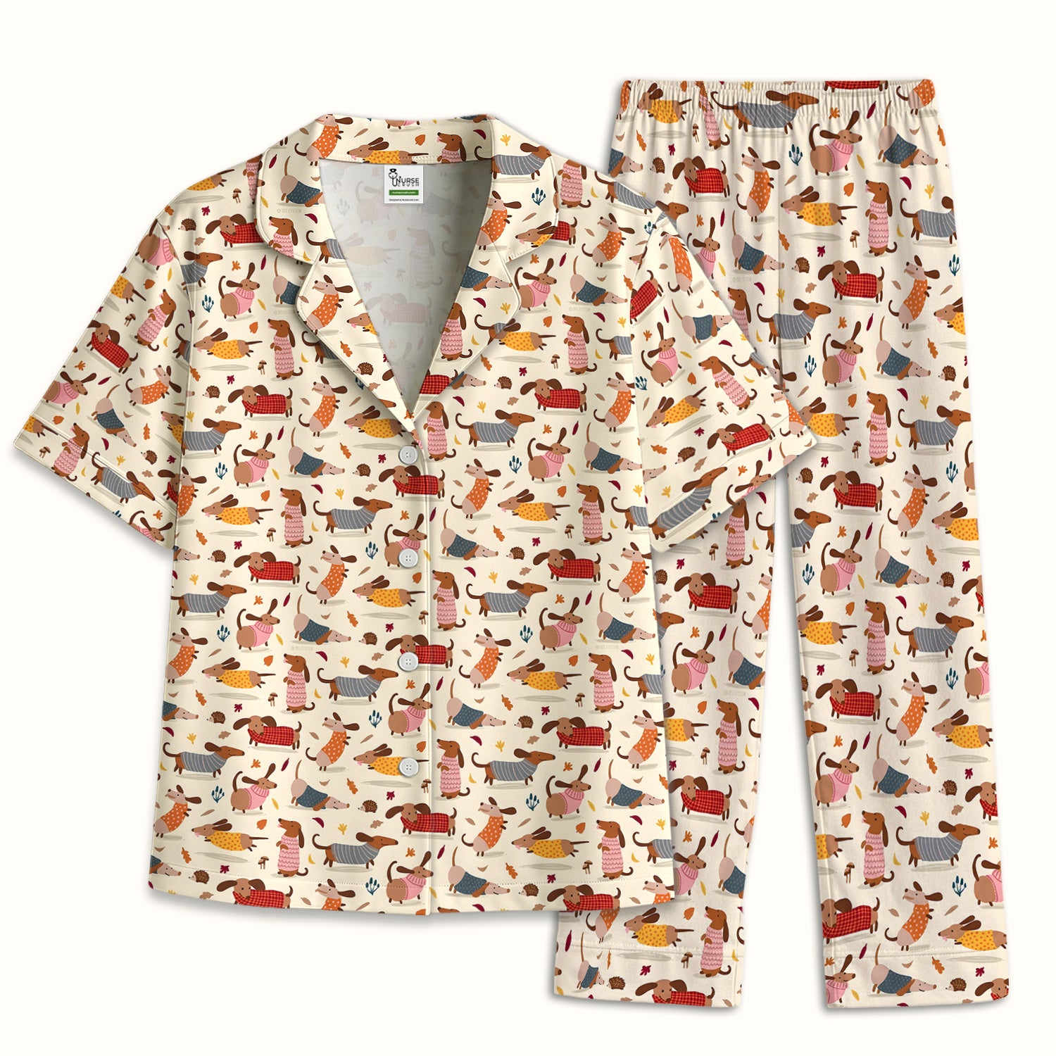 Cute Autumn Dachshund Print Pajama Set, Soft Breathable Fabric Comfortable Sleepwear
