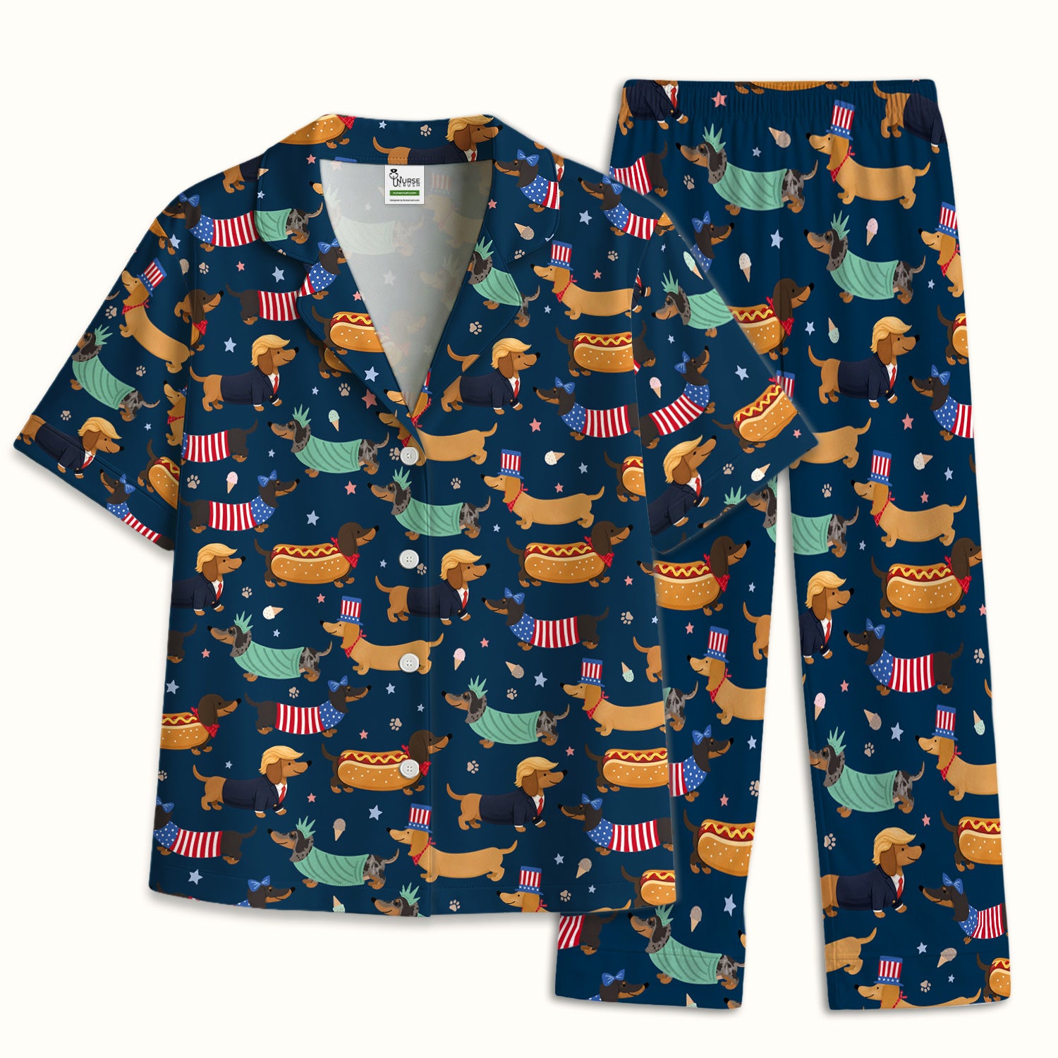Funny Patriotic Dachshund Costume Dogs Pattern Pajama Set, Breathable Fabrics Uniform