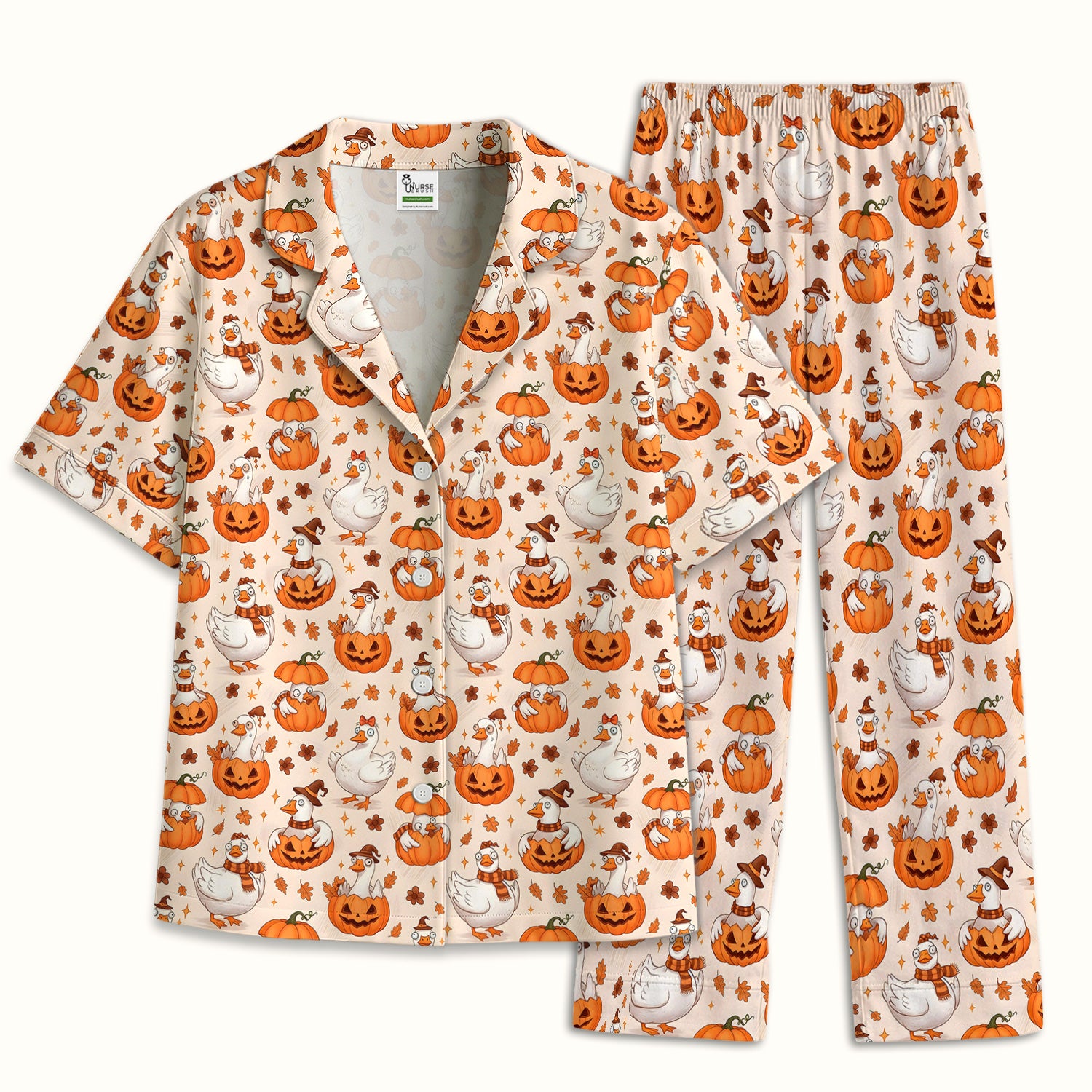 Cute Halloween Goose And Pumpkins Pajama Set, Soft Breathable Fabric Comfortable Sleepwear