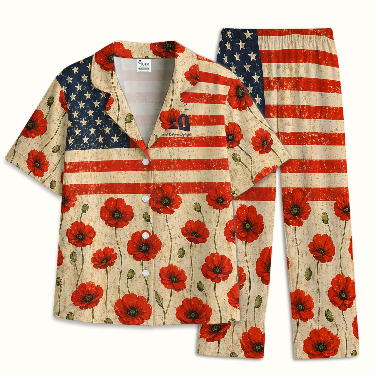 Patriotic American Flag Poppy Flower Pattern Pajama Set, Soft Breathable Fabric Comfortable Sleepwear