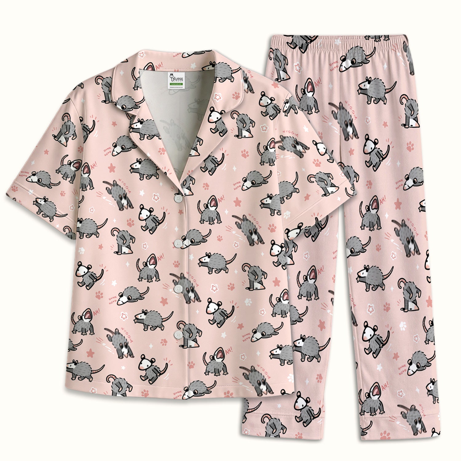 Playful Cartoon Opossum Character Pattern Pajama Set, Breathable Fabrics Uniform
