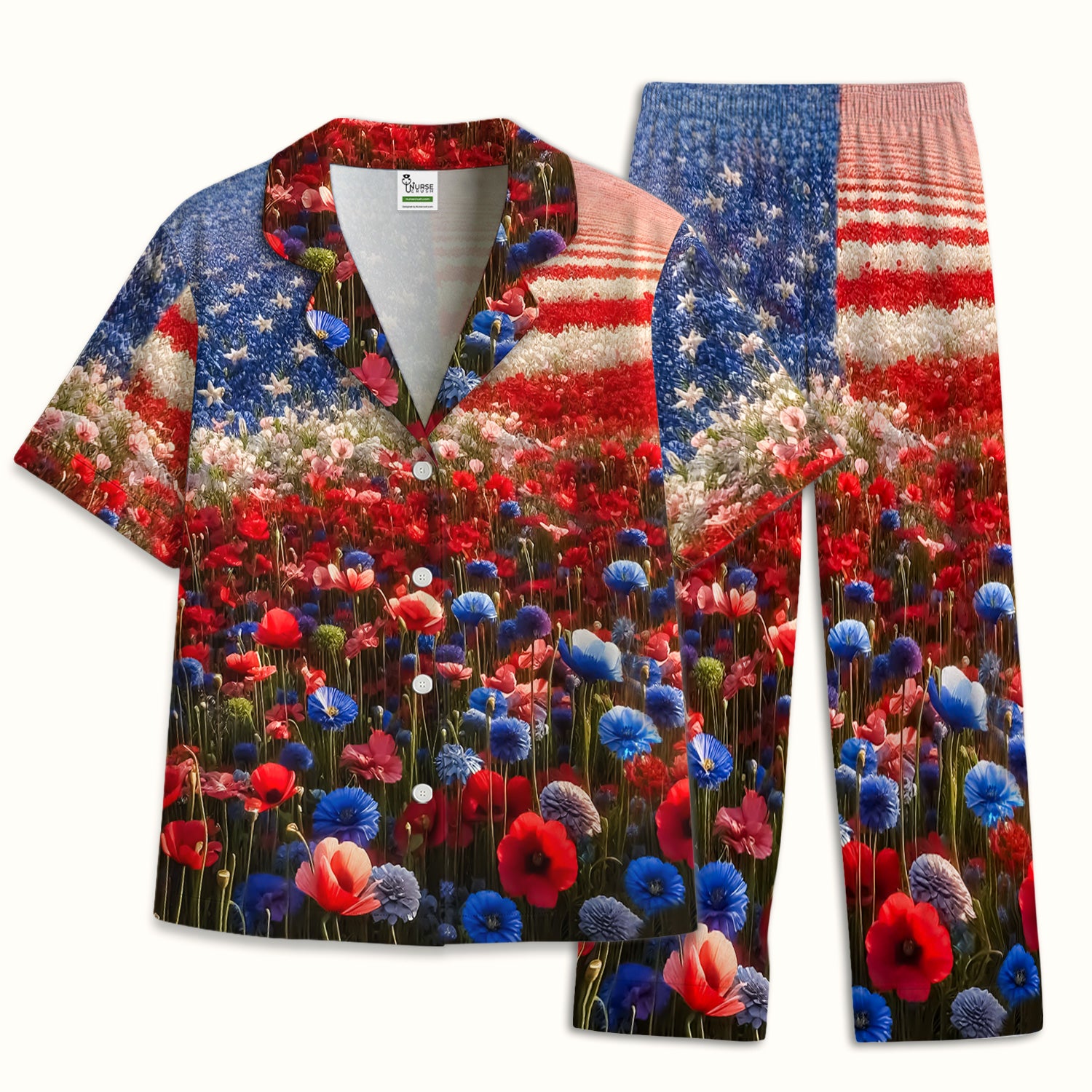 Festive Nurse American Flag Wildflower Field Pajama Set, Breathable Fabrics Uniform