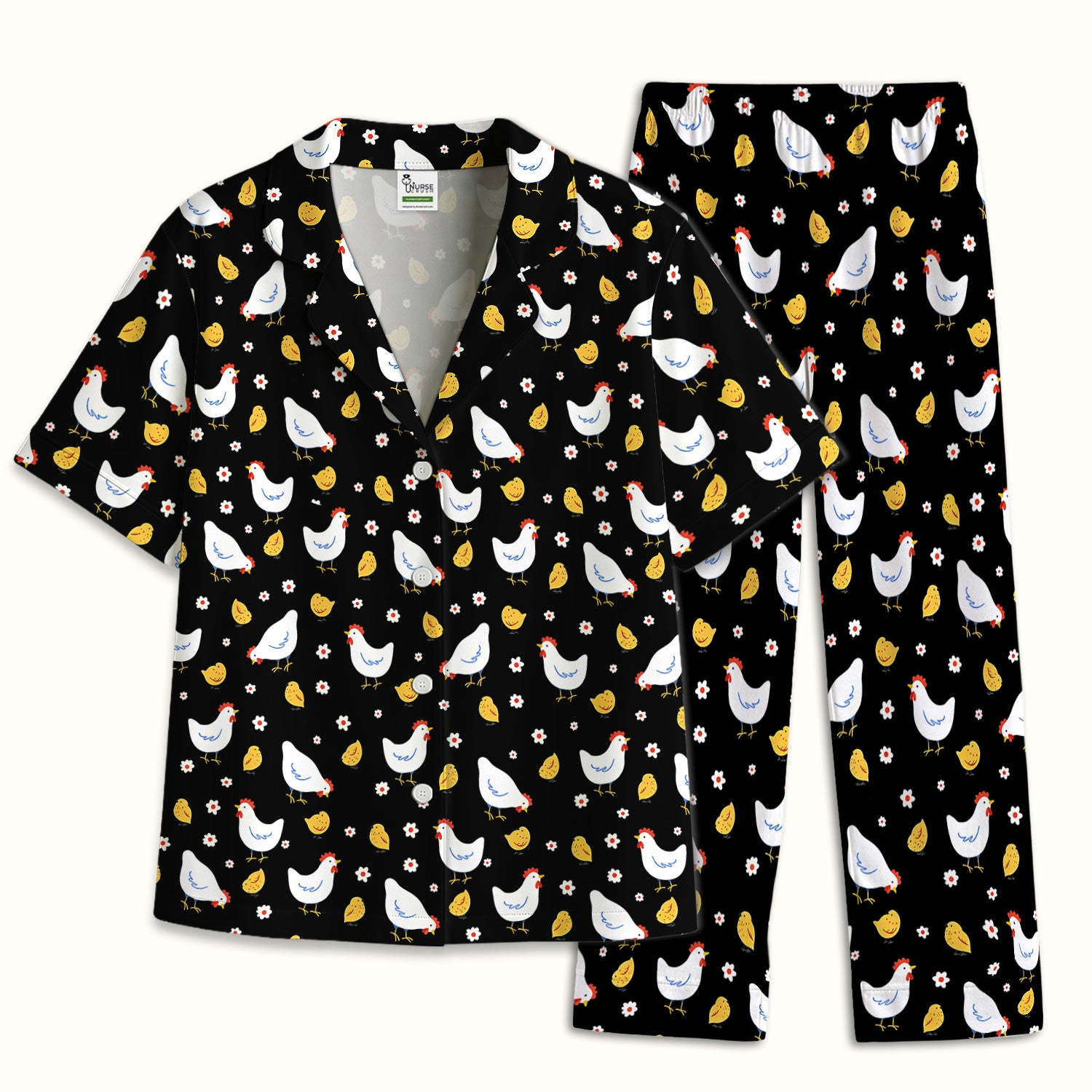 Chicken And Cute Chicks Pattern Pajama Set, Breathable Fabrics Uniform