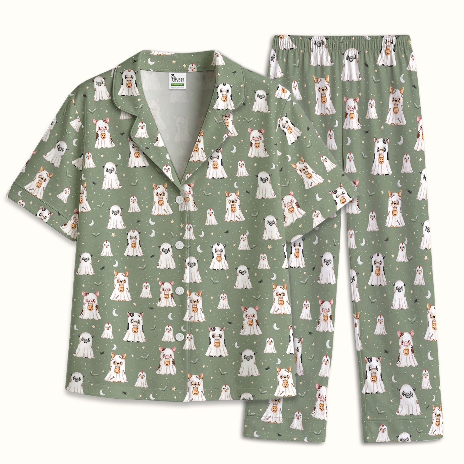 Spooky Farm Animal Ghost Pajama Set, Soft Breathable Fabric Comfortable Sleepwear