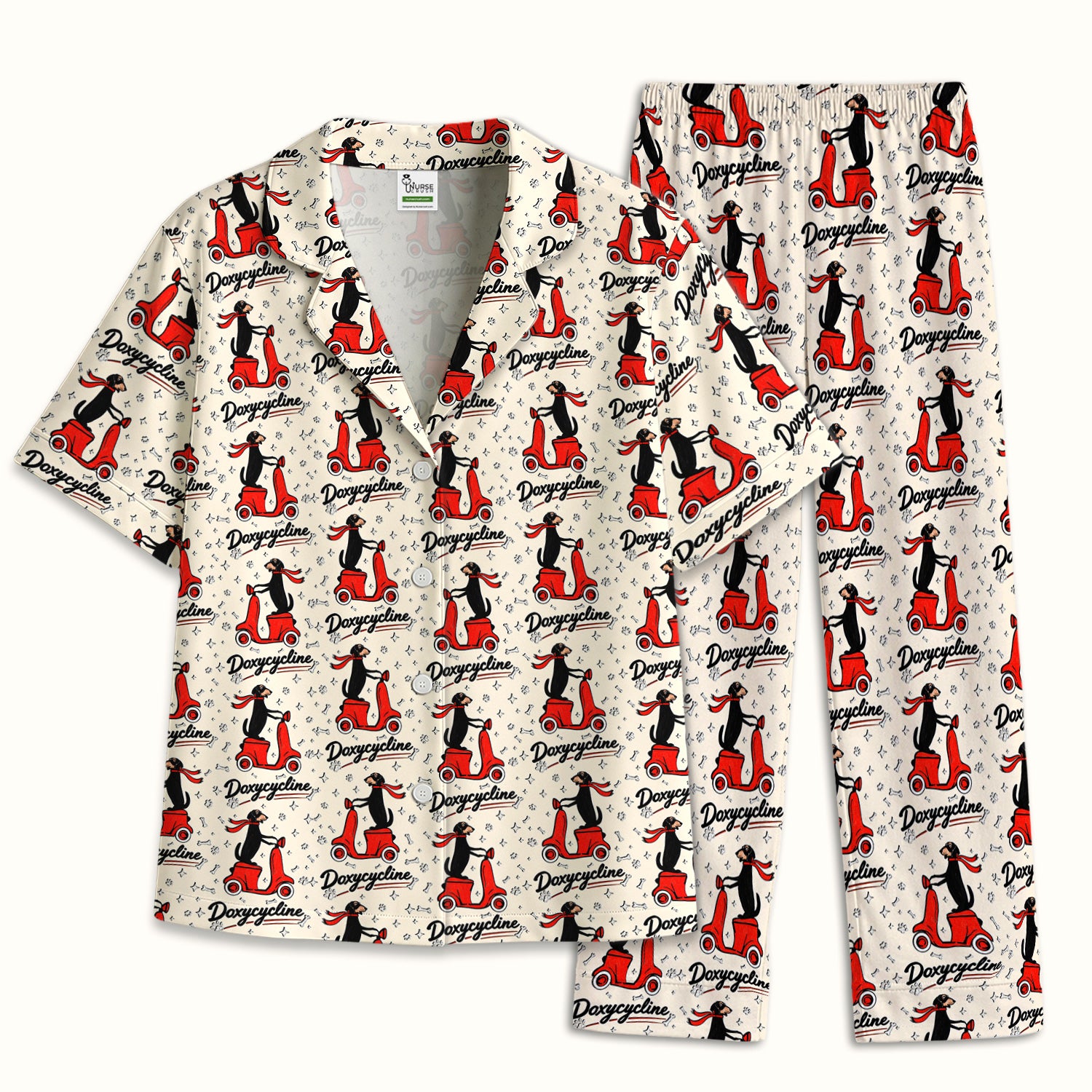 Funny Dachshund Riding Scooter Doxycycline Print Pajama Set, Breathable Fabrics Uniform