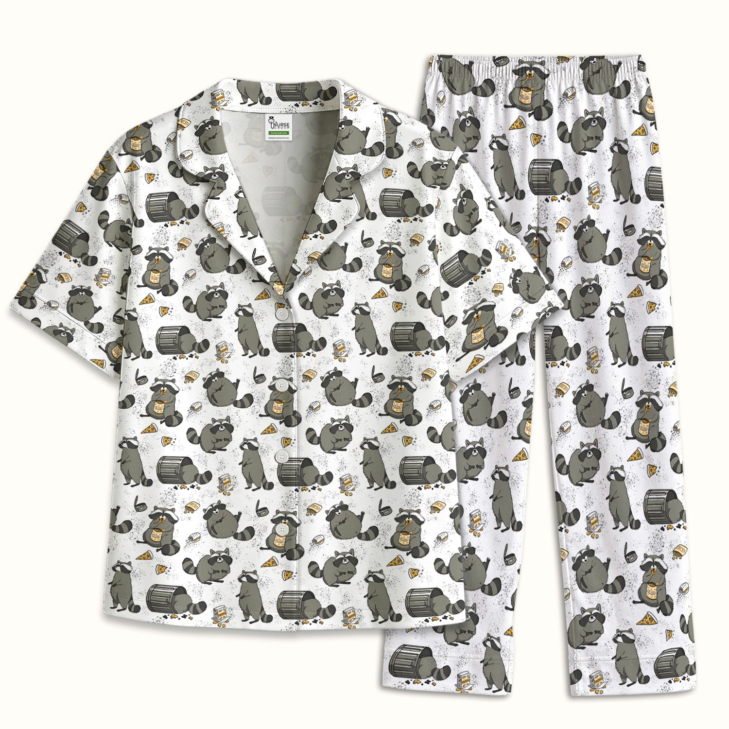 Raccoon Snack And Trash Can Pattern Pajama Set, Breathable Fabrics Uniform