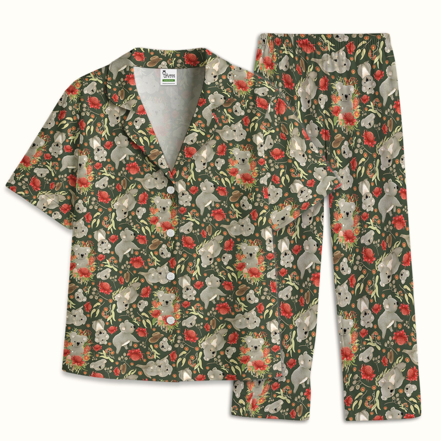 Cute Koala Wildflower Pattern Pajama Set, Soft Breathable Fabric Comfortable Sleepwear