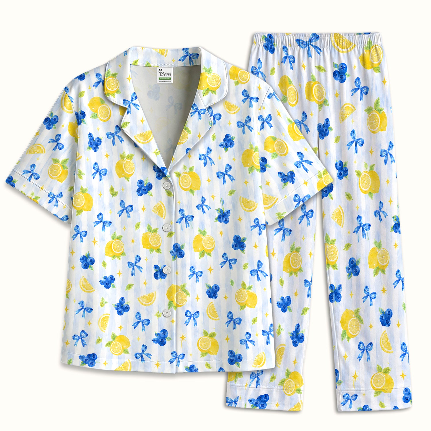 Lemon Blueberry Bow Nurse Print Pajama Set, Soft Breathable Fabric Comfortable Sleepwear