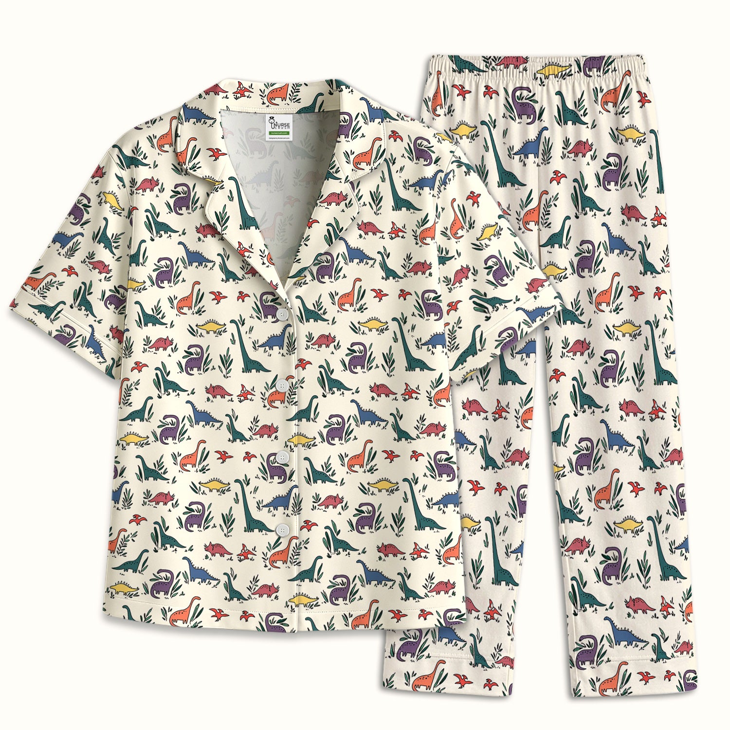 Cute Dinosaur Leafy Garden Pattern Pajama Set, Soft Breathable Fabric Comfortable Sleepwear
