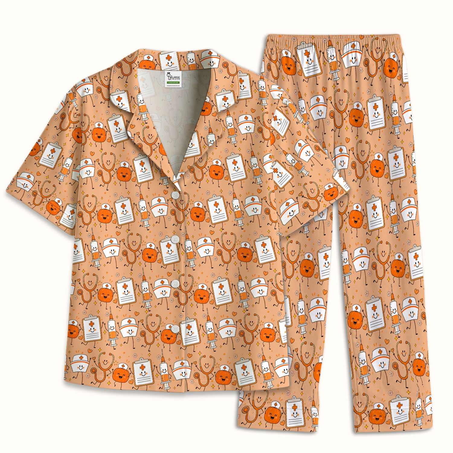 Halloween Stethoscope And Medical Icons Pajama Set, Soft Breathable Fabric Comfortable Sleepwear