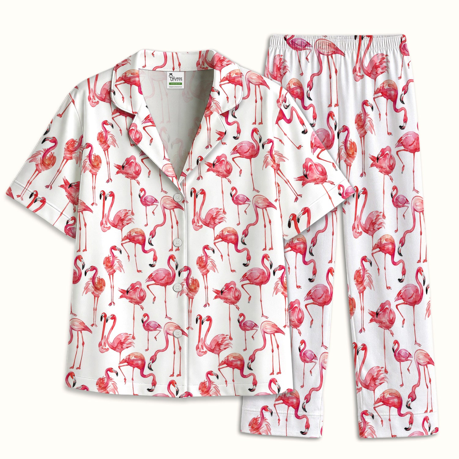 Pink Flamingo Tropical Bird Pattern Nurse Pajama Set, Soft Breathable Fabric Comfortable Sleepwear