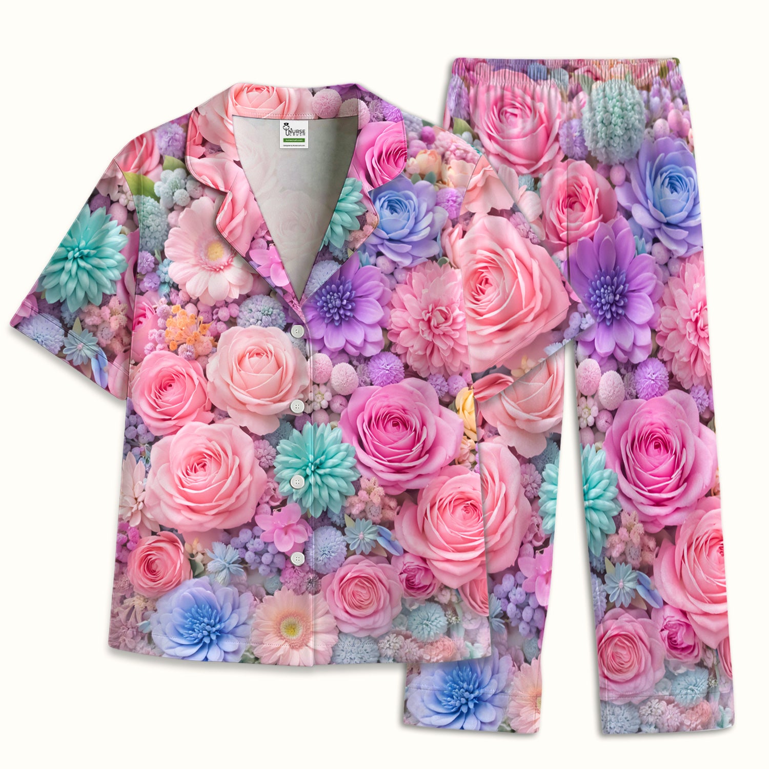 Pastel Floral Pink Rose & Candy Color Pajama Set, Soft Breathable Sleepwear