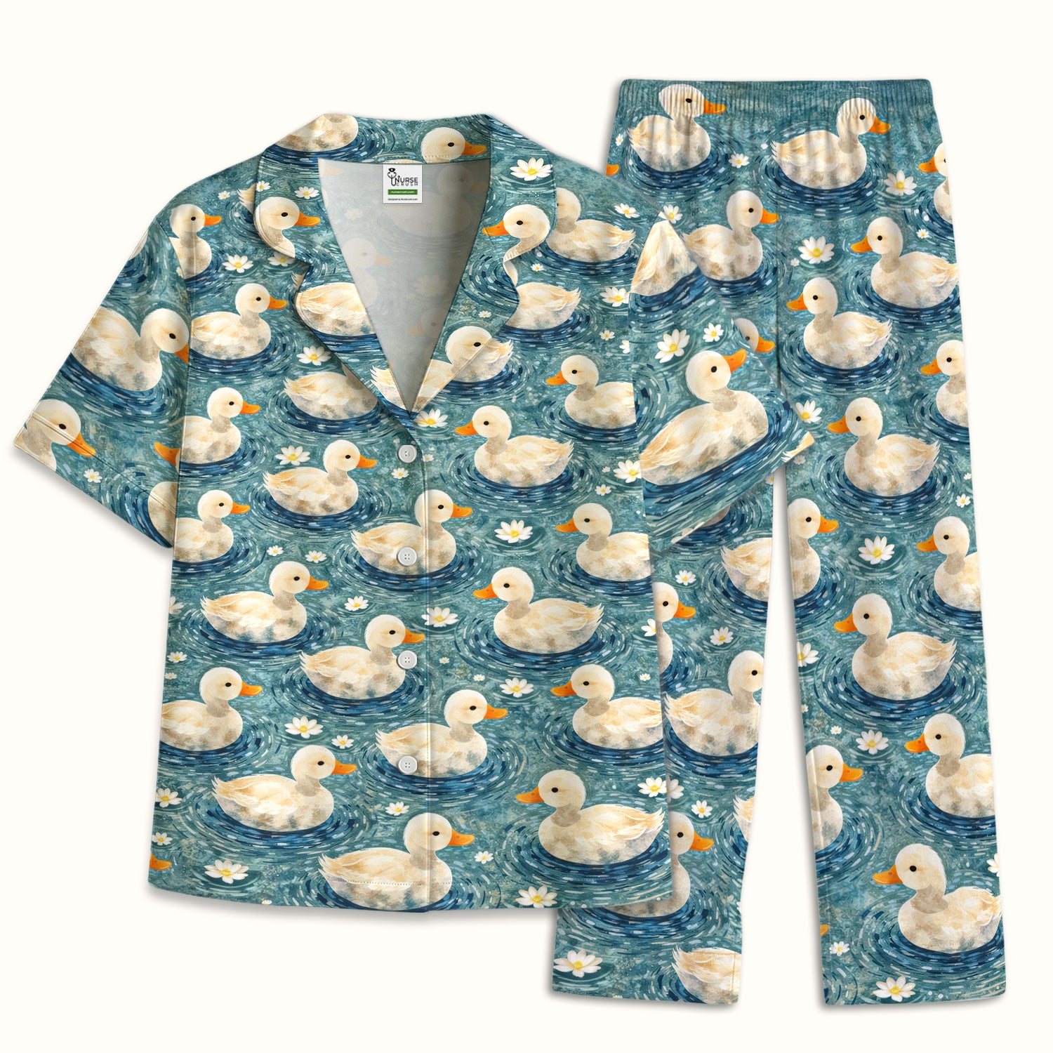 Charming Duck Pond Pattern Pajama Set, Soft Breathable Fabric Comfortable Sleepwear