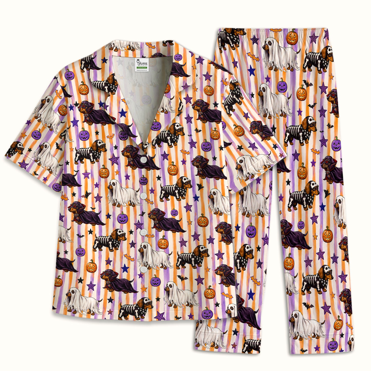 Halloween Dachshund Stripe Pattern Pajama Set, Soft Breathable Fabric Comfortable Sleepwear