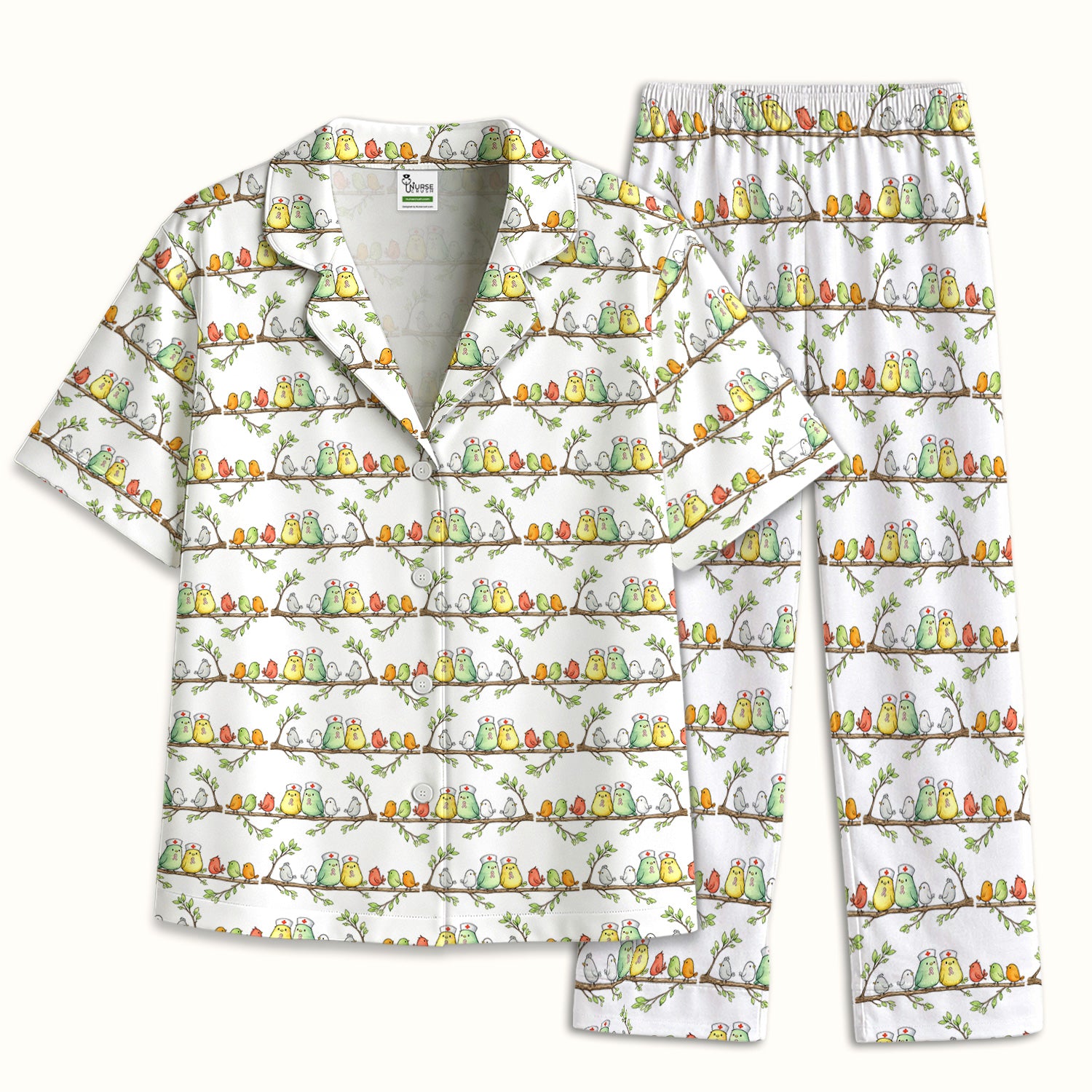 Cute Pink Ribbon Birds Pajama Set, Soft Breathable Fabric Comfortable Sleepwear