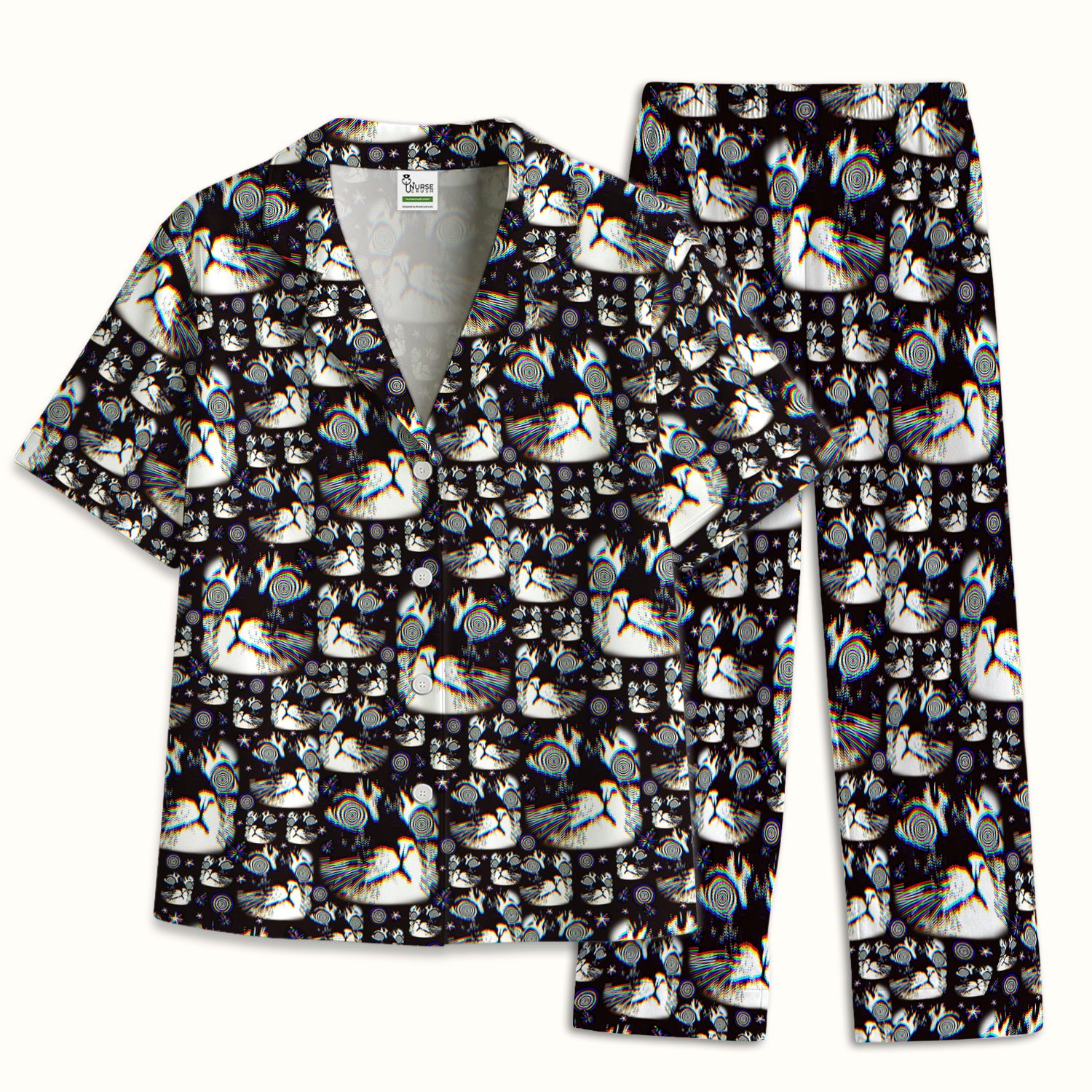 Funny Cosmic Cat Eye Spiral Pattern Pajama Set, Soft Breathable Fabric Comfortable Sleepwear