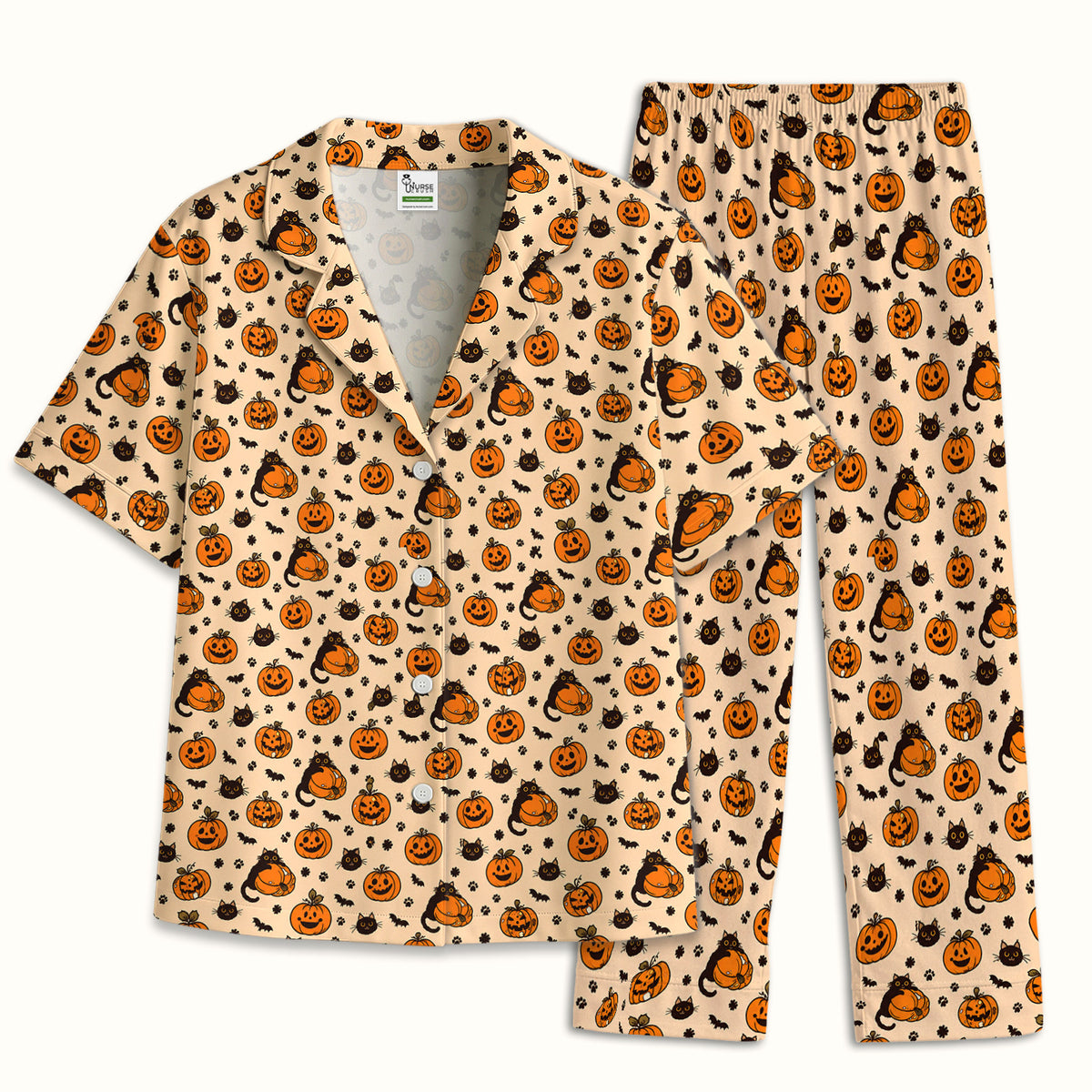 Cute Halloween Black Cat And Pumpkins Pajama Set, Soft Breathable Fabric Comfortable Sleepwear