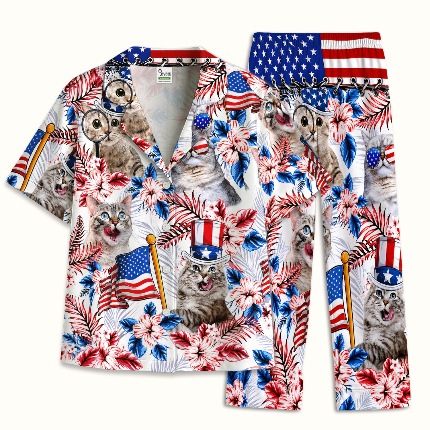 Patriotic Cat with USA Flag Pajama Set, Soft Breathable Fabric Comfortable Sleepwear
