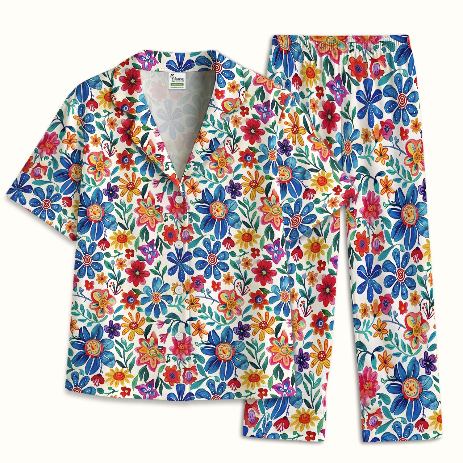 Colorful Folk Floral Print Pajama Set, Soft Breathable Fabric Comfortable Sleepwear