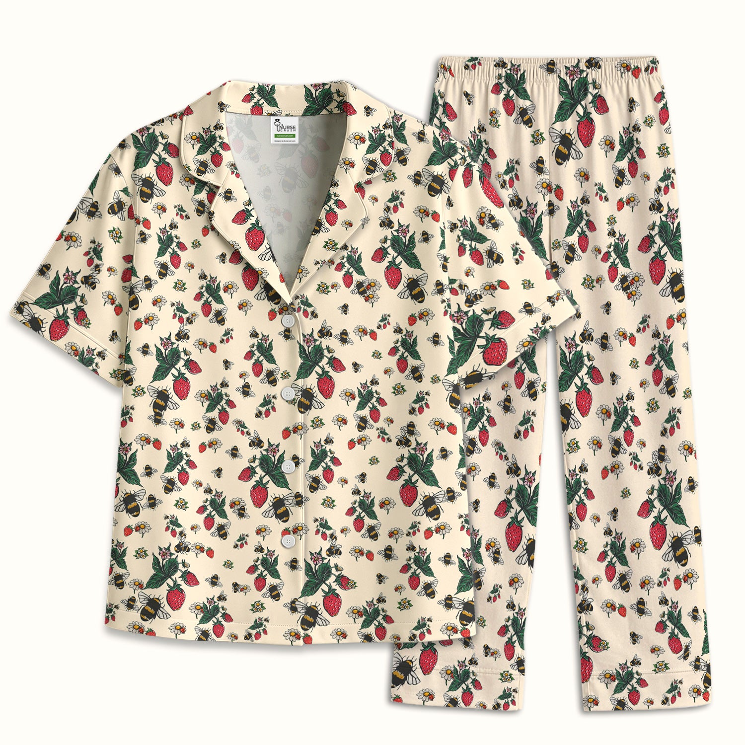 Cute Strawberry Bee Daisy Floral Pattern Pajama Set, Breathable Fabrics Uniform