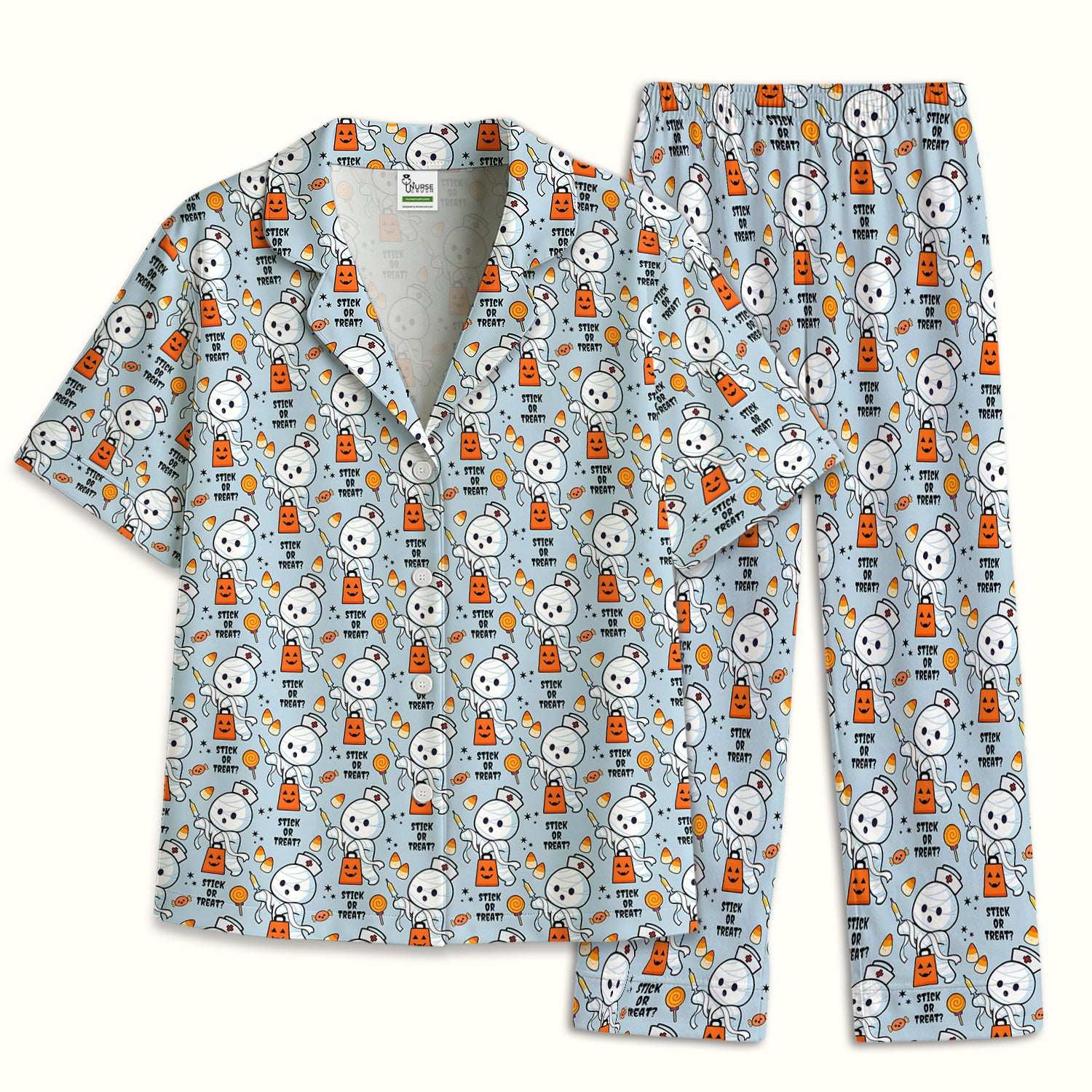 Funny Halloween Stick Or Treat Mummy Nurse Pajama Set, Soft Breathable Fabric Comfortable Sleepwear