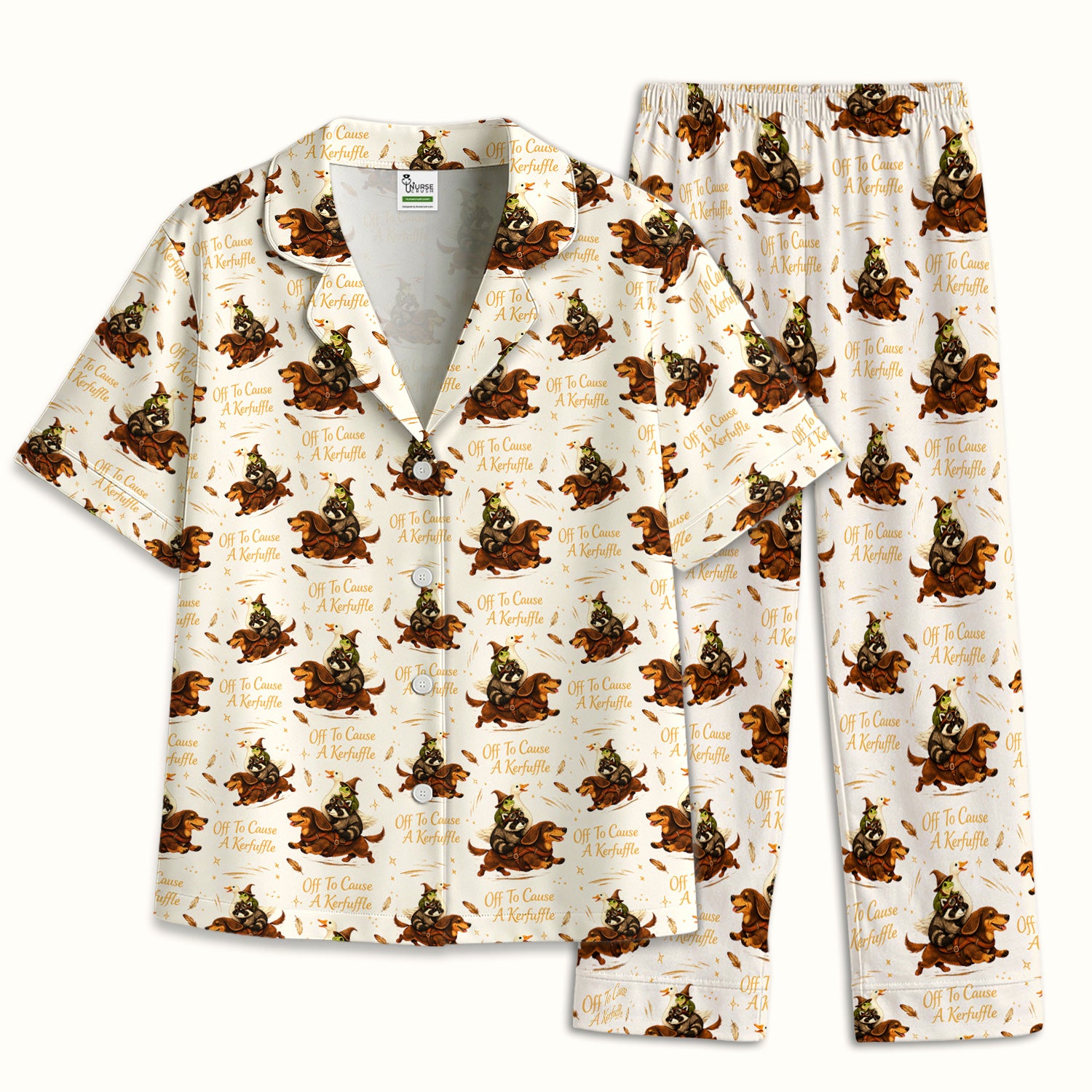 Funny Halloween Off To Cause A Kerfuffle Pattern Pajama Set, Soft Breathable Fabric Comfortable Sleepwear