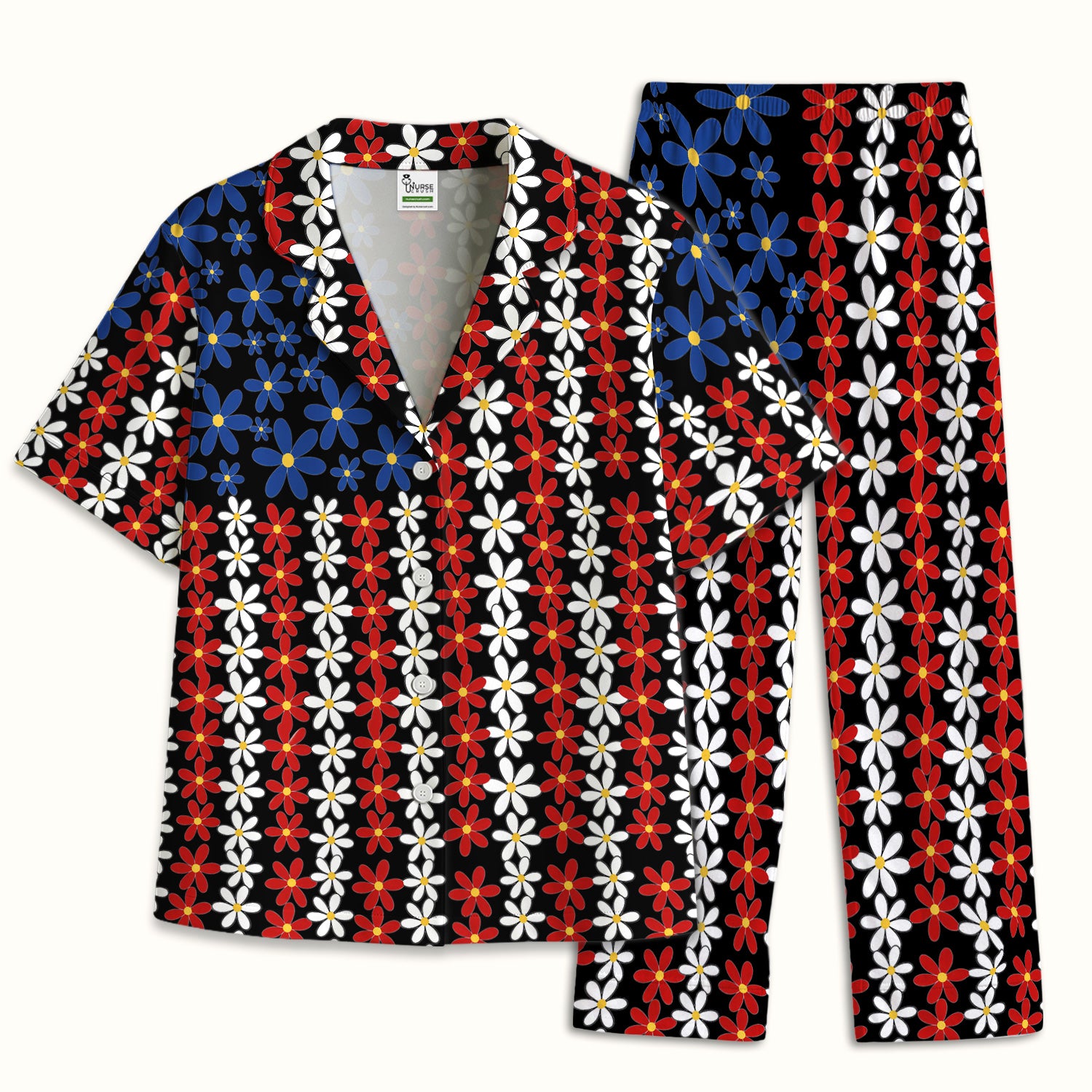 Retro Red Blue Daisy Stripe Pattern Pajama Set, Soft Breathable Fabric Comfortable Sleepwear