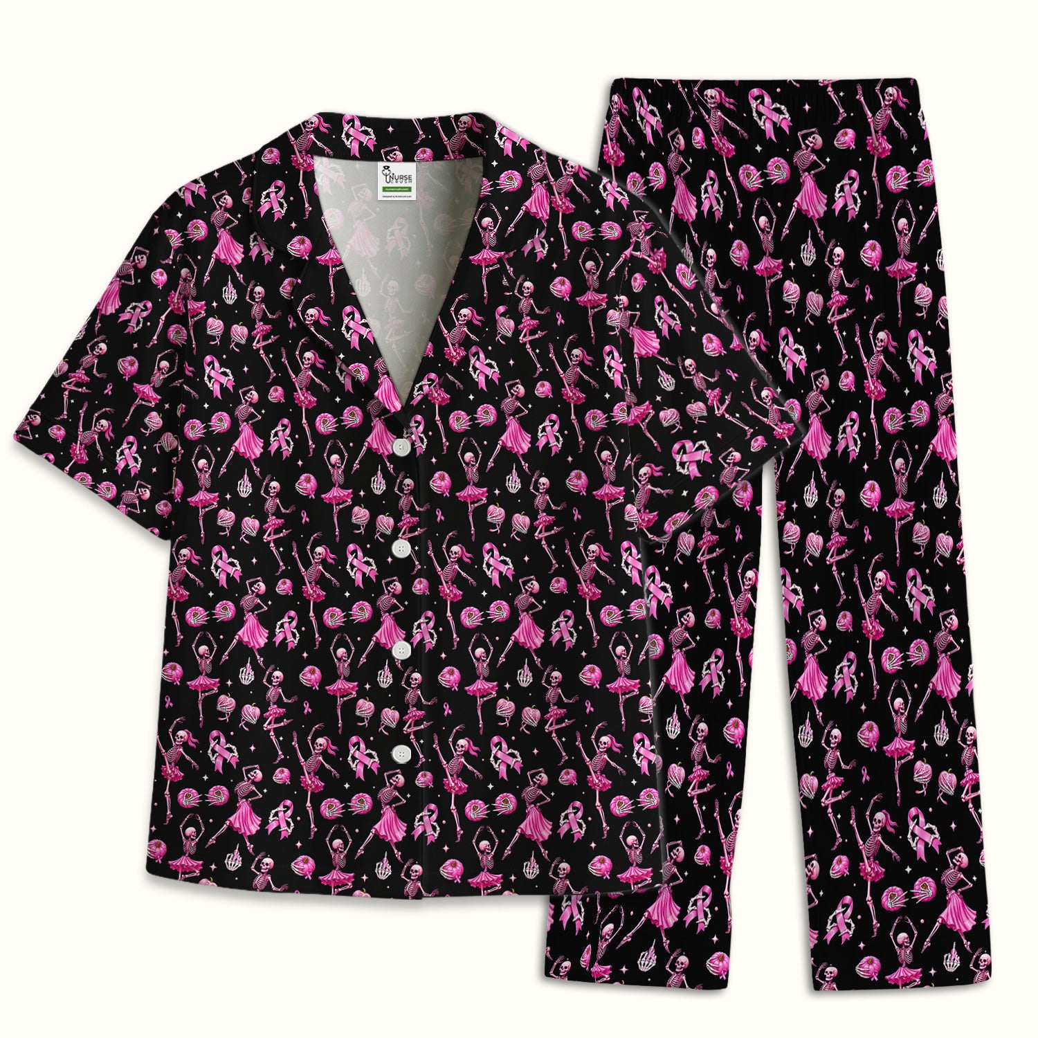 Pink Ribbon Skeleton Ballerina Print Pajama Set, Soft Breathable Fabric Comfortable Sleepwear