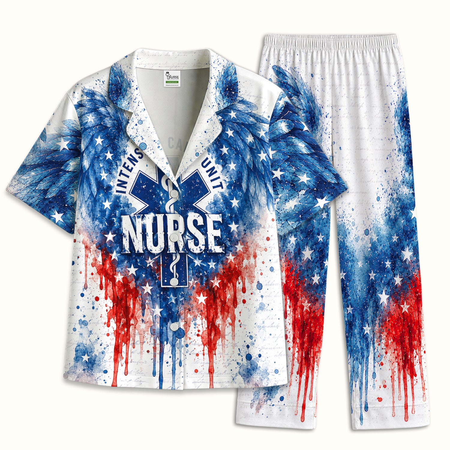 Patriotic Nurse Angel Wings Print Pajama Set, Soft Breathable Fabric Comfortable Sleepwear