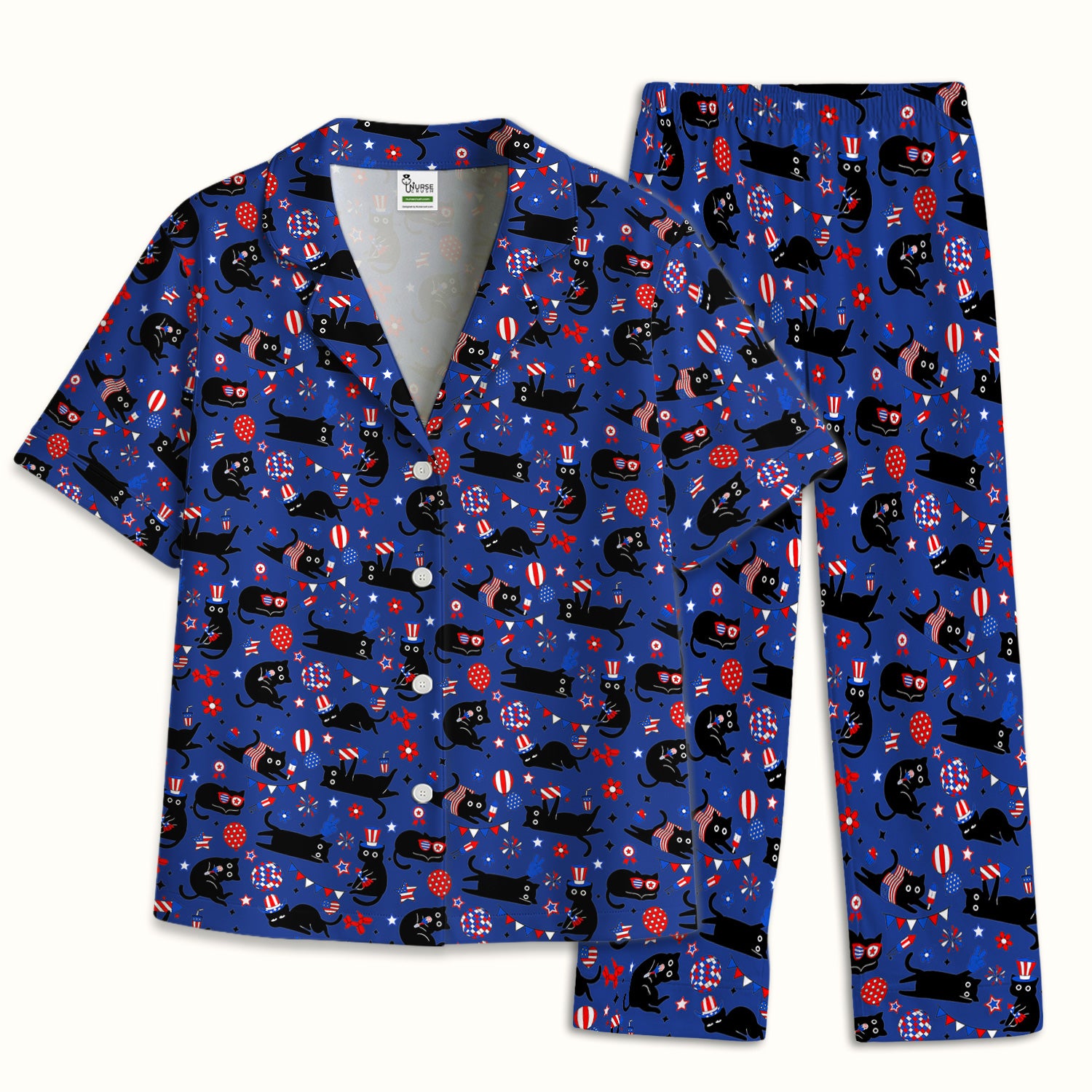Patriotic Black Cat Pattern Pajama Set, Soft Breathable Fabric Comfortable Sleepwear