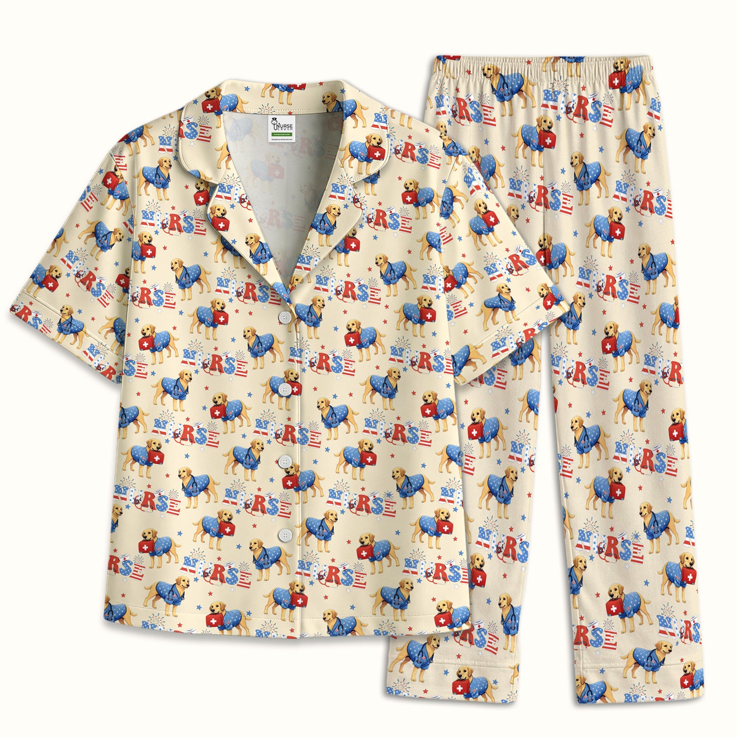 Patriotic Nurse Dog Medical Pattern Pajama Set, Breathable Fabrics Uniform