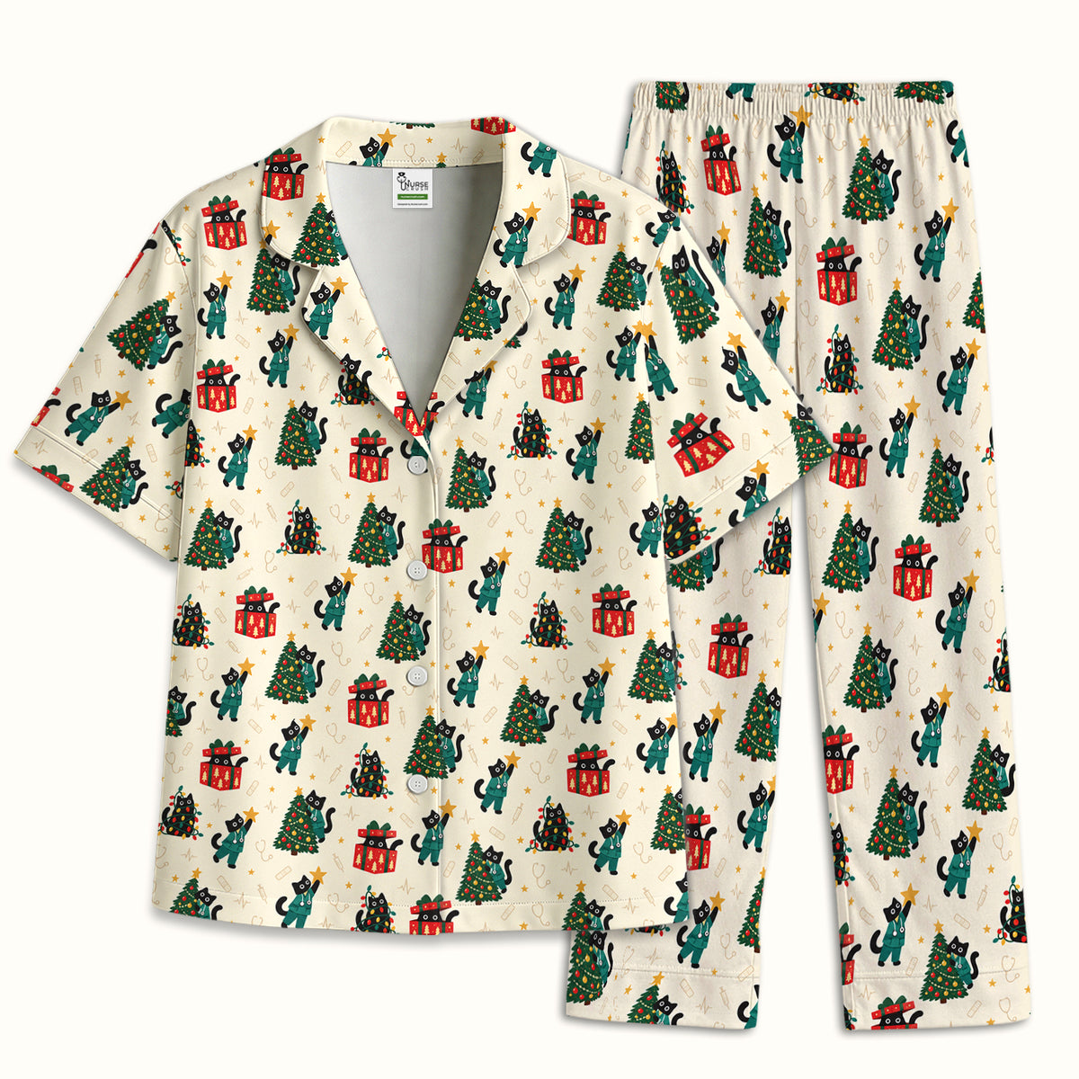 Christmas Black Nurse Cats And Trees Pajama Set, Soft Breathable Fabric Comfortable Sleepwear