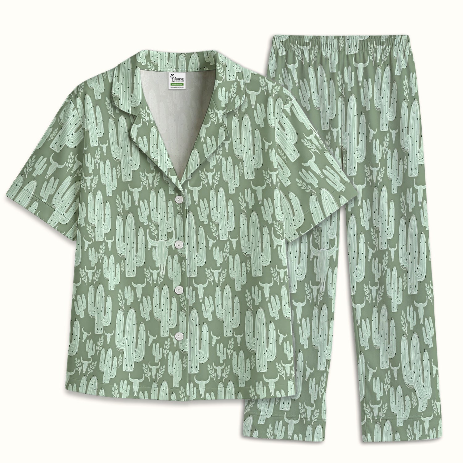 Funny Desert Cactus Skull Pattern Pajama Set, Soft Breathable Fabric Comfortable Sleepwear